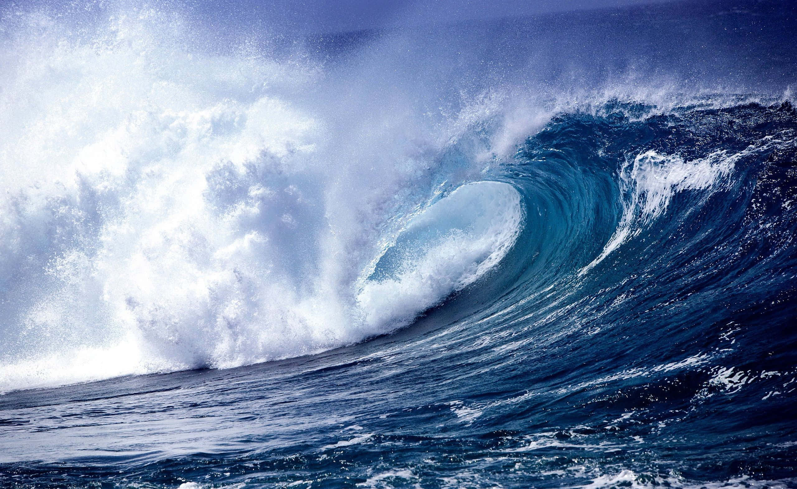 waves 桌布 壁紙 — 巨大的海浪捲成完美的筒狀，帶有泡沫般的白色浪花，映襯著深藍色的海水。