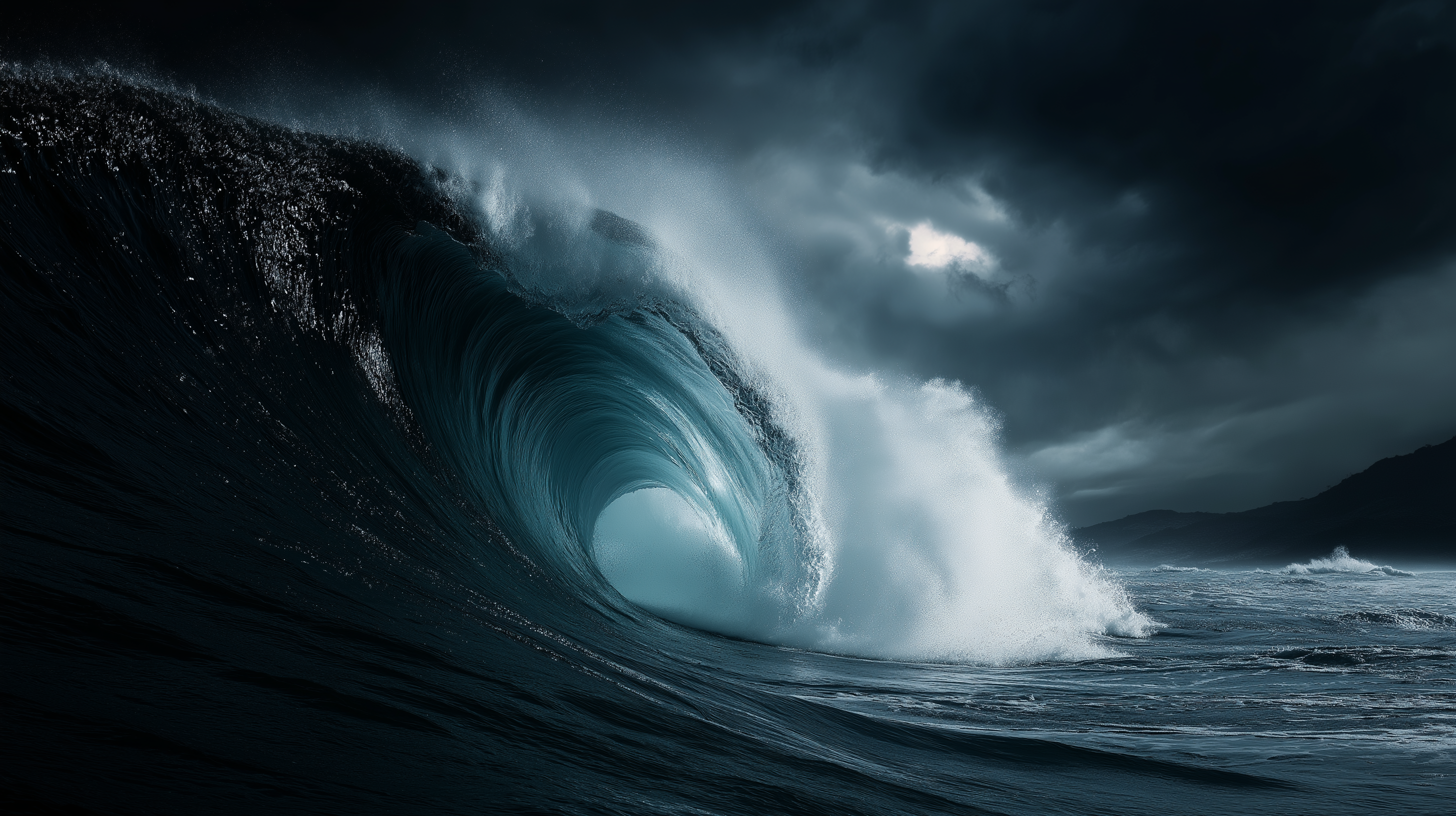 Wave 桌布 壁紙 — 巨大的深藍色海浪在暴風雨的天空下捲成一個完美的桶狀，伴隨著一朵明亮的雲。