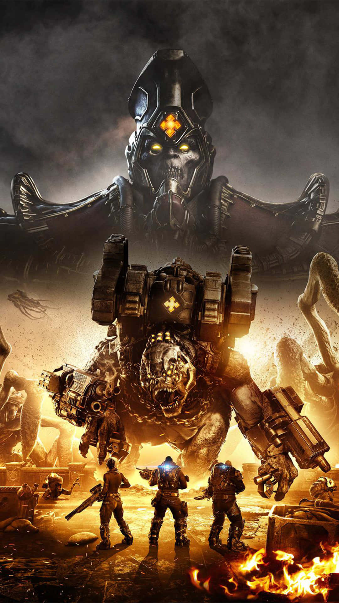 iPhone Xs Gears Of War 5 桌布 壁紙 — 巨大的生物機械恐怖籠罩著武裝士兵，在煙霧瀰漫的天空下，處於熾熱的末日戰場。