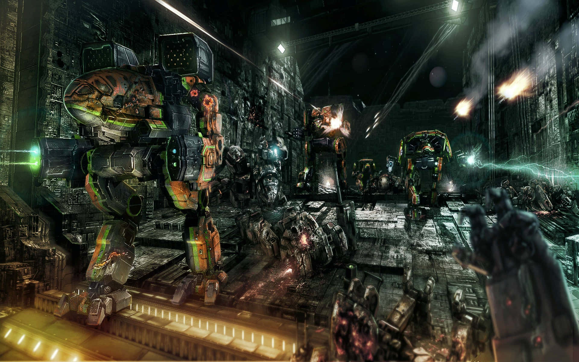 Battletech 桌布 壁紙 — 巨大的生物機械戰爭機器在雨水浸濕、霓虹燈閃爍的城市戰場上，於搖曳燈光下激烈碰撞。