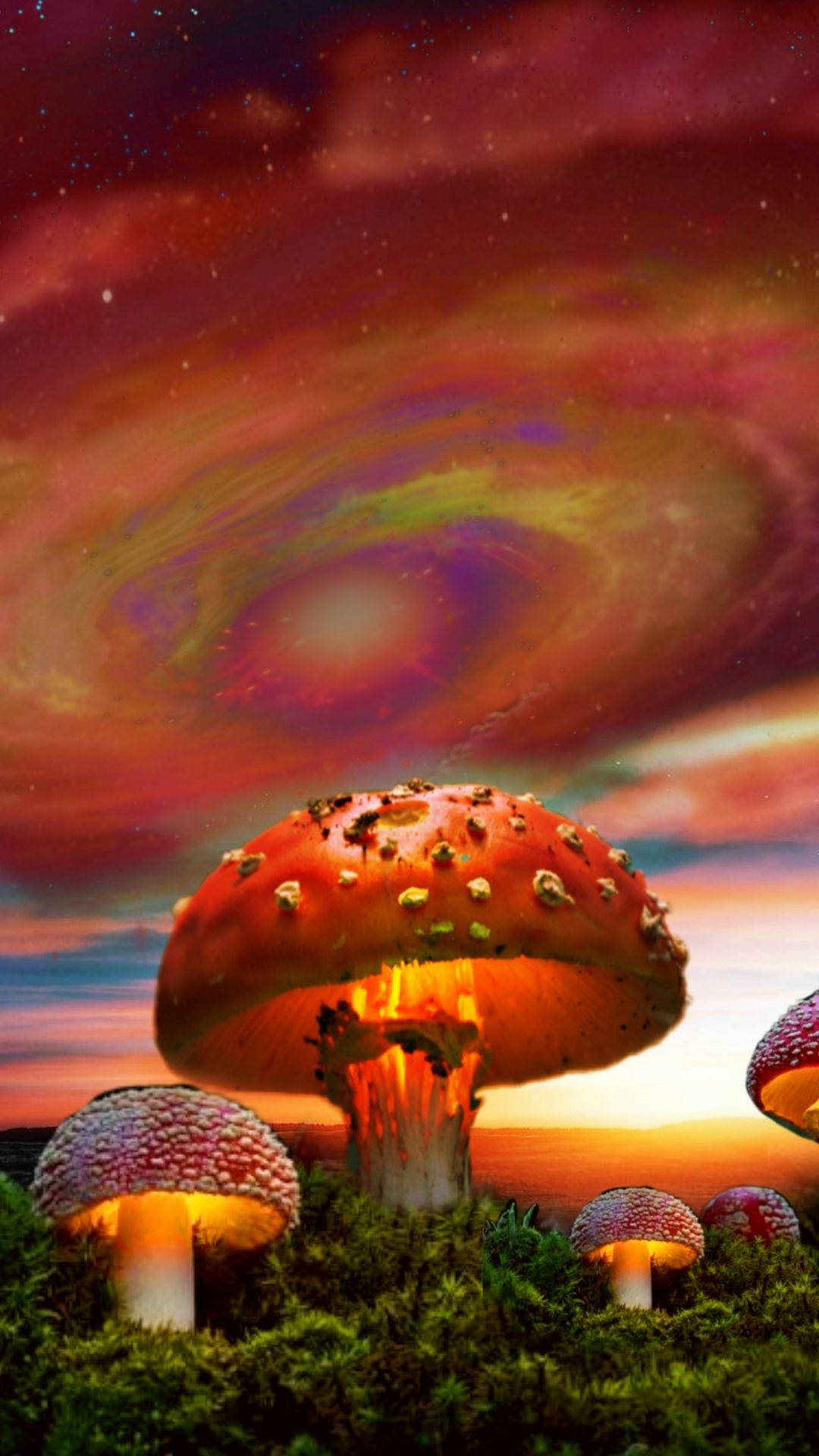 夢核 桌布 壁紙 — 巨大的發光蘑菇在旋轉的宇宙天空下生長，帶有鮮豔的紅色和紫色。