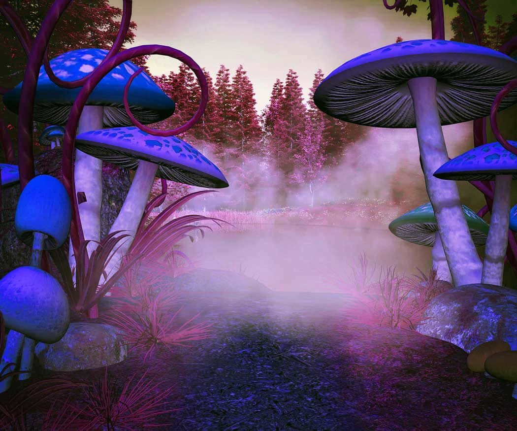 Trippy Mushrooms 桌布 壁紙 — 巨大的發光蘑菇框住一條迷霧小徑，穿過沐浴在紫色和粉紅色暮色中的超現實森林。