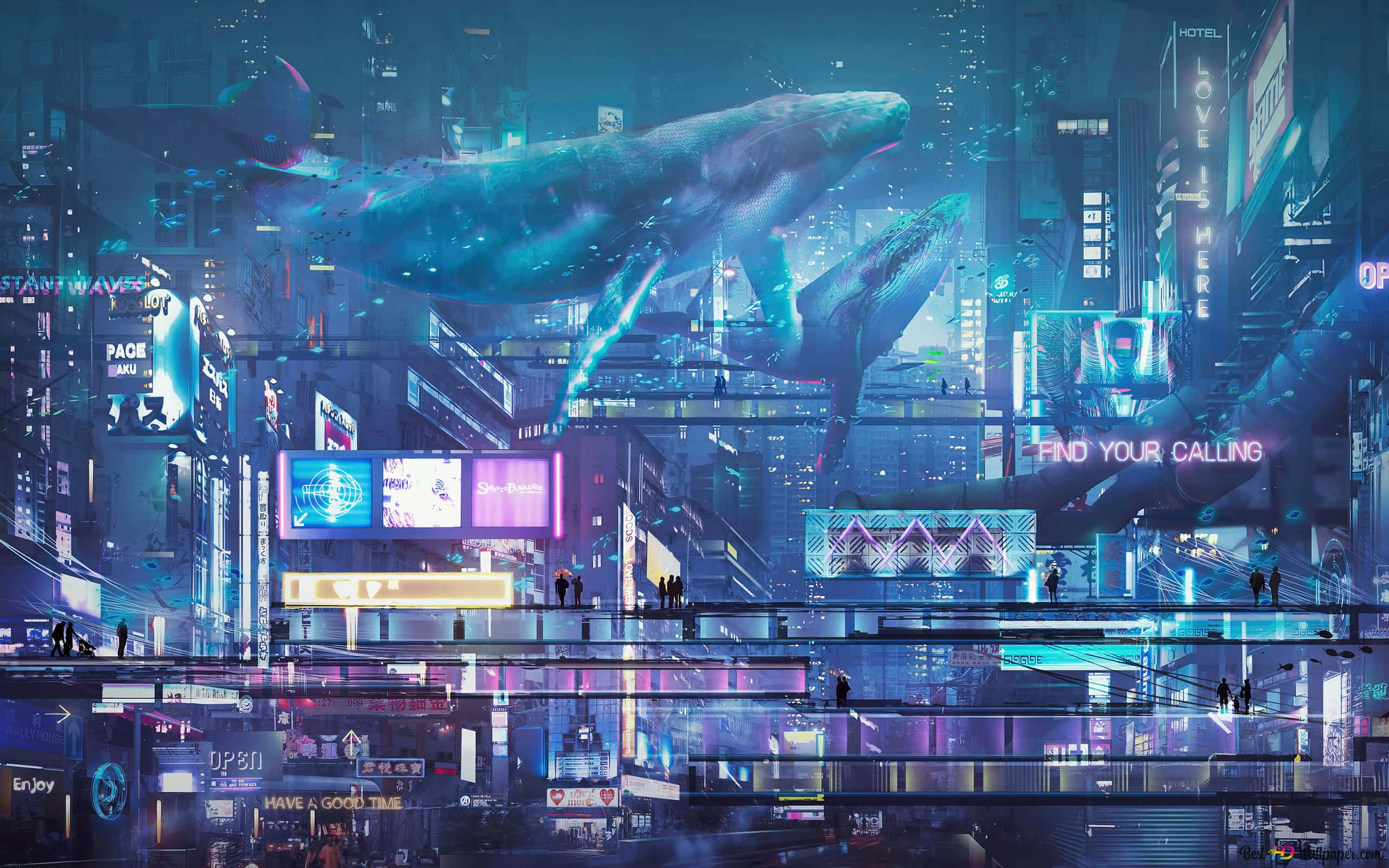Architecture 桌布 壁紙 — 巨大的發光鯨魚在充滿霓虹燈的賽博龐克城市景觀中滑行，周圍是高聳的摩天大樓和發光的廣告牌。