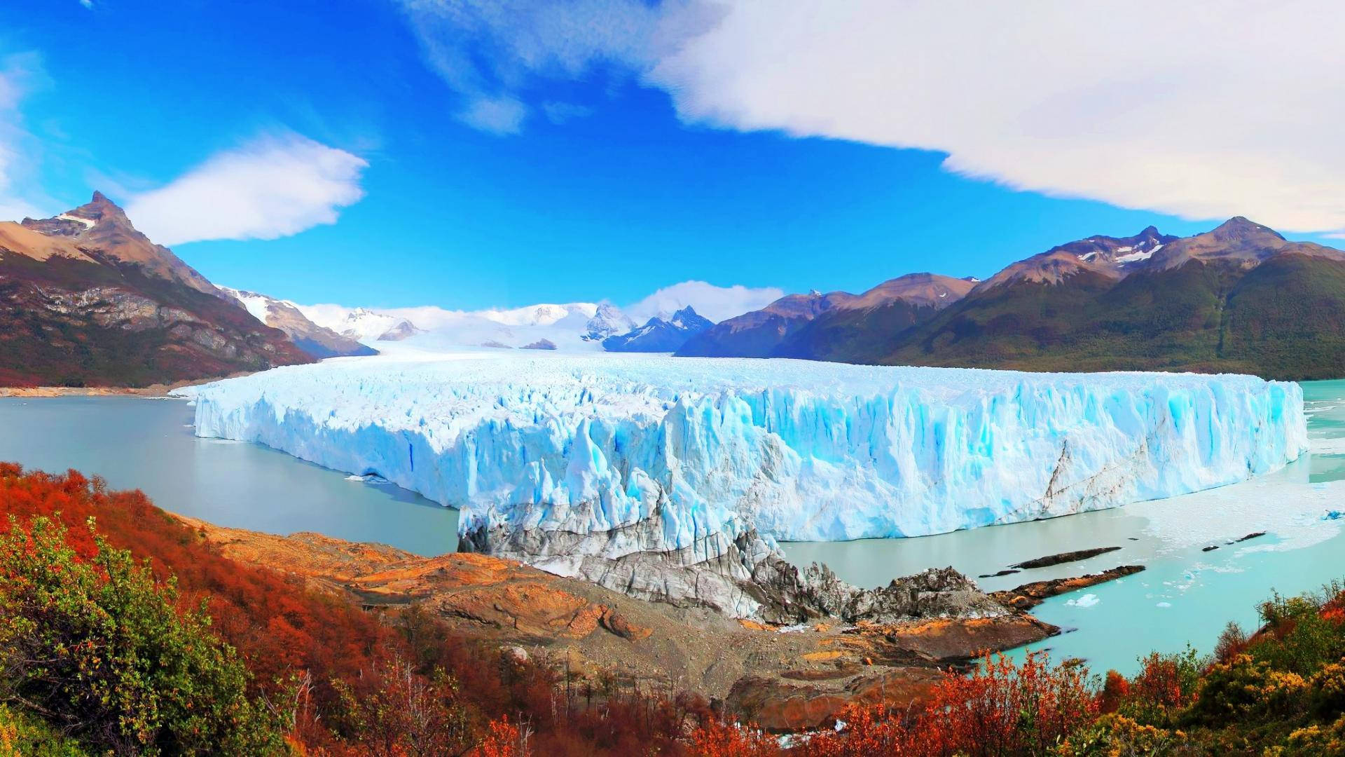Argentina 桌布 壁紙 — 巨大的藍綠色冰川崩解到平靜的湖泊中，周圍是秋日山丘和白雪覆蓋的山脈，在明亮的藍天下。