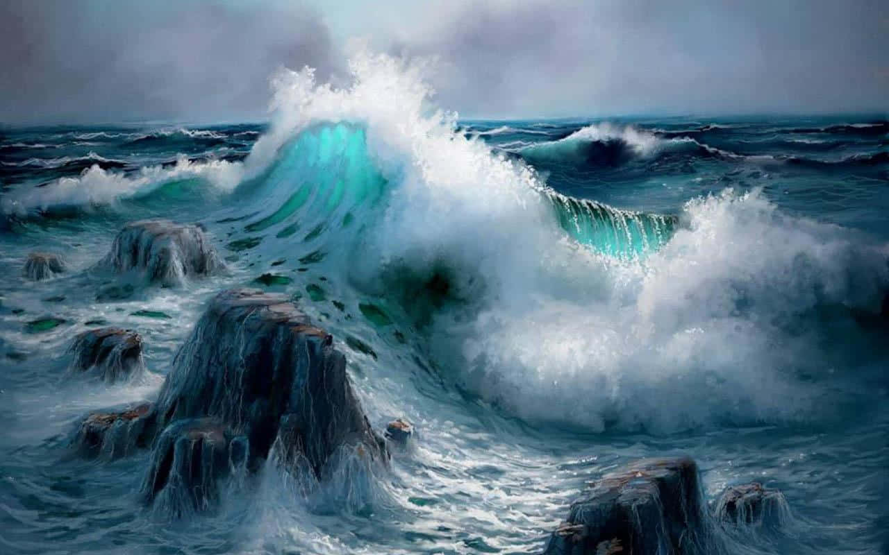 Ocean Waves 桌布 壁紙 — 巨大的藍綠色波浪在暴風雨的灰色天空下衝擊著黑暗的鋸齒狀岩石。