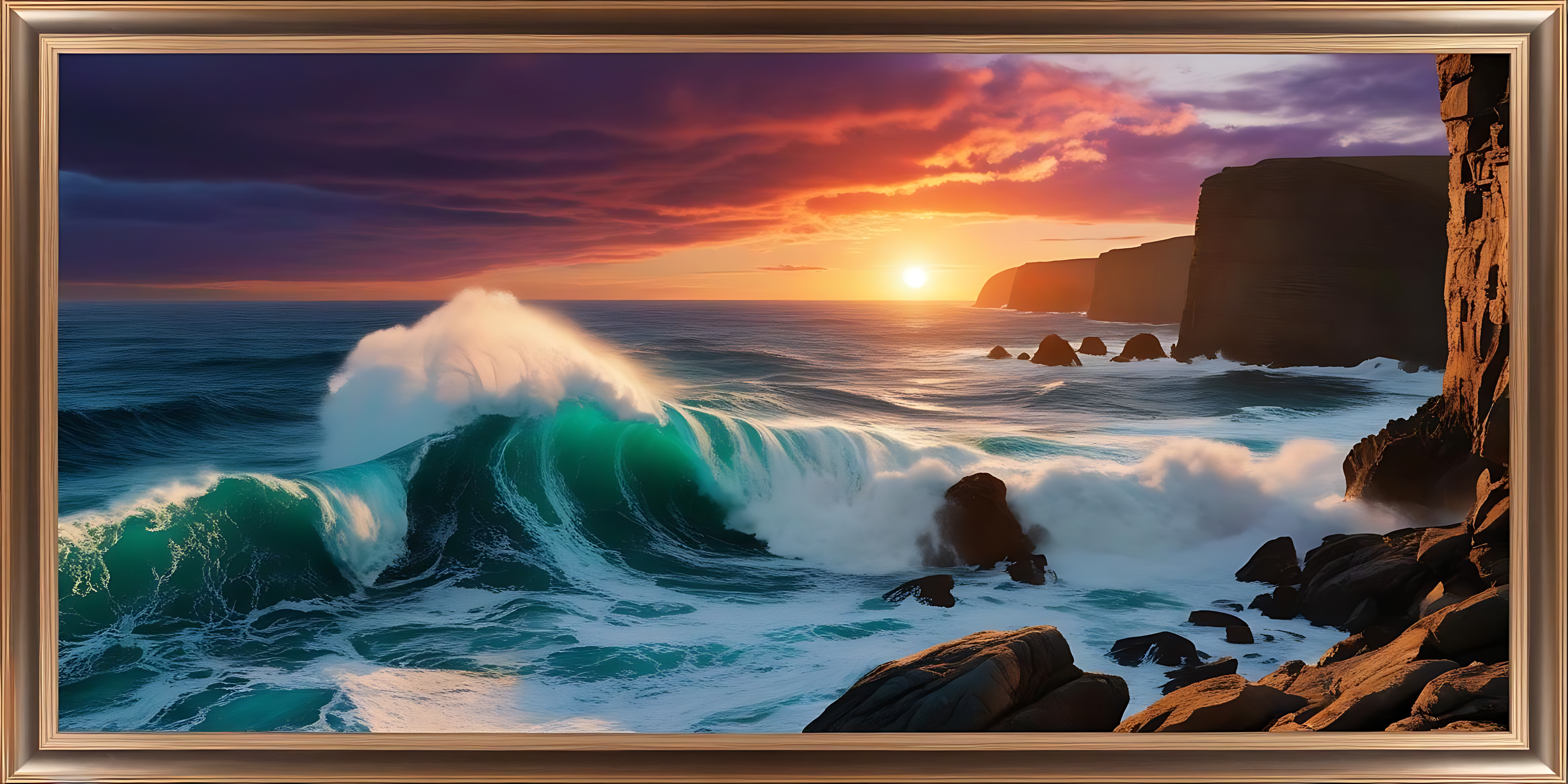 waves 桌布 壁紙 — 巨大的藍綠色波浪衝擊著黑暗的懸崖，夕陽在火橙色和紫色的雲層中落下。