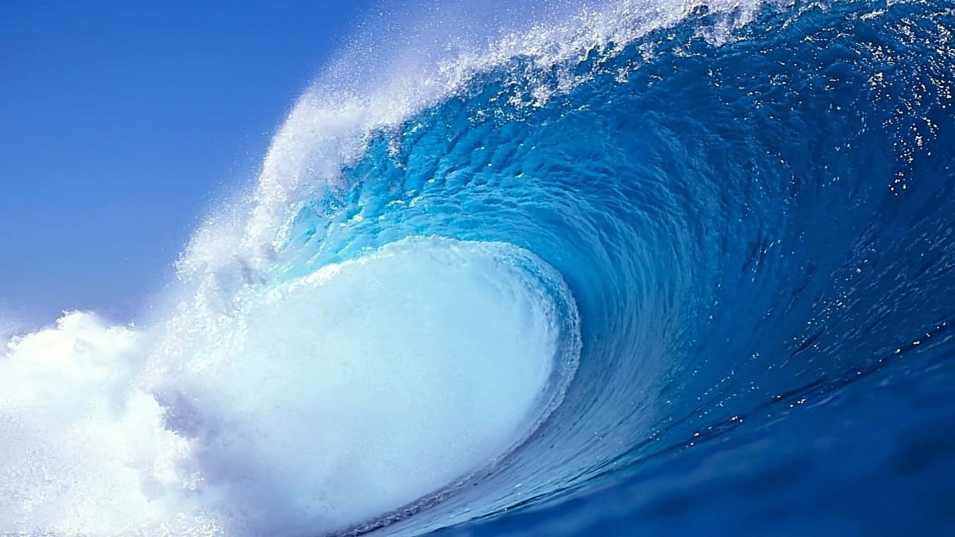 Wave 桌布 壁紙 — 巨大的藍綠色海浪在清澈的藍天下捲成完美的管浪。