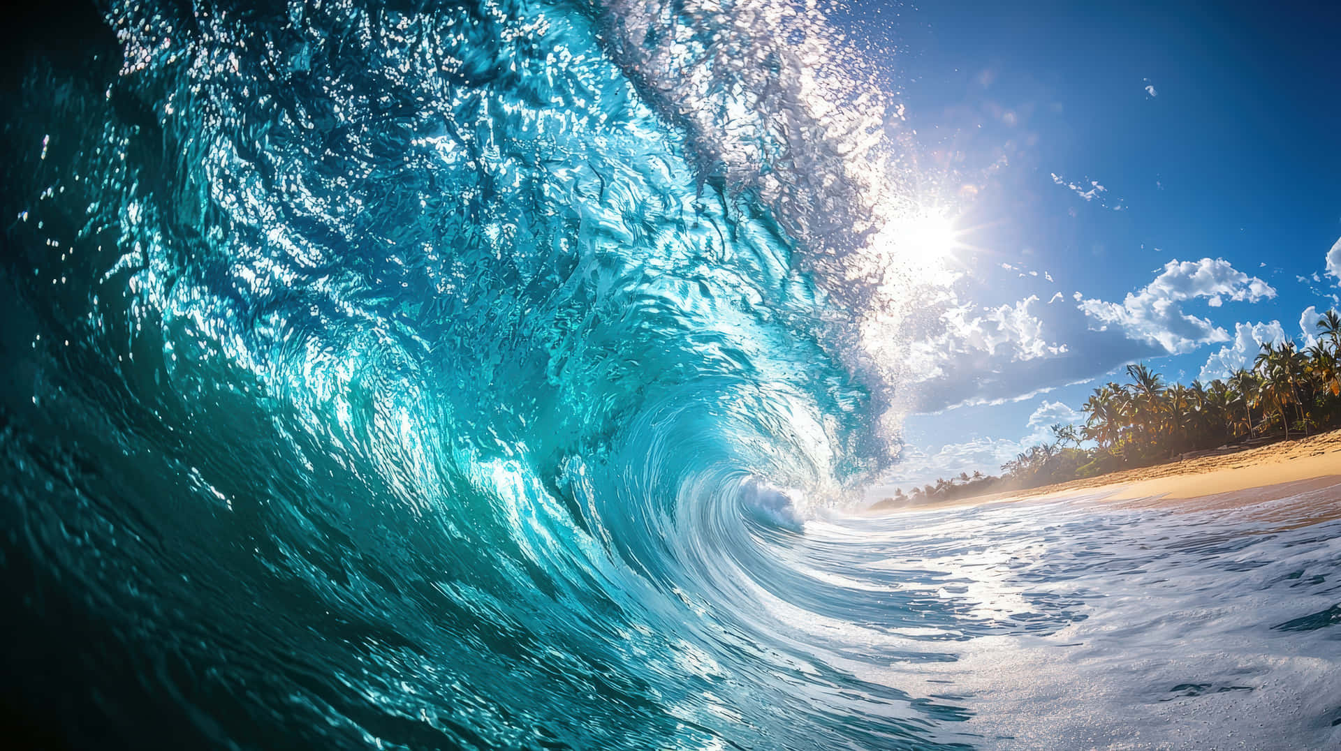 Majestic Curling Ocean Wave Crashing Near a Tropical Sandy Beach 壁紙 — 巨大的藍綠色海浪在頭頂翻捲，陽光照射的水花四濺，映襯著明亮的藍天和棕櫚樹成排的沙灘。