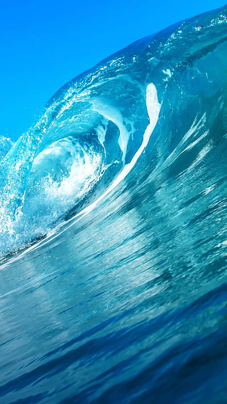waves 桌布 壁紙 — 巨大的藍綠色海浪捲成一個完美的桶狀，映襯著清澈的藍天。