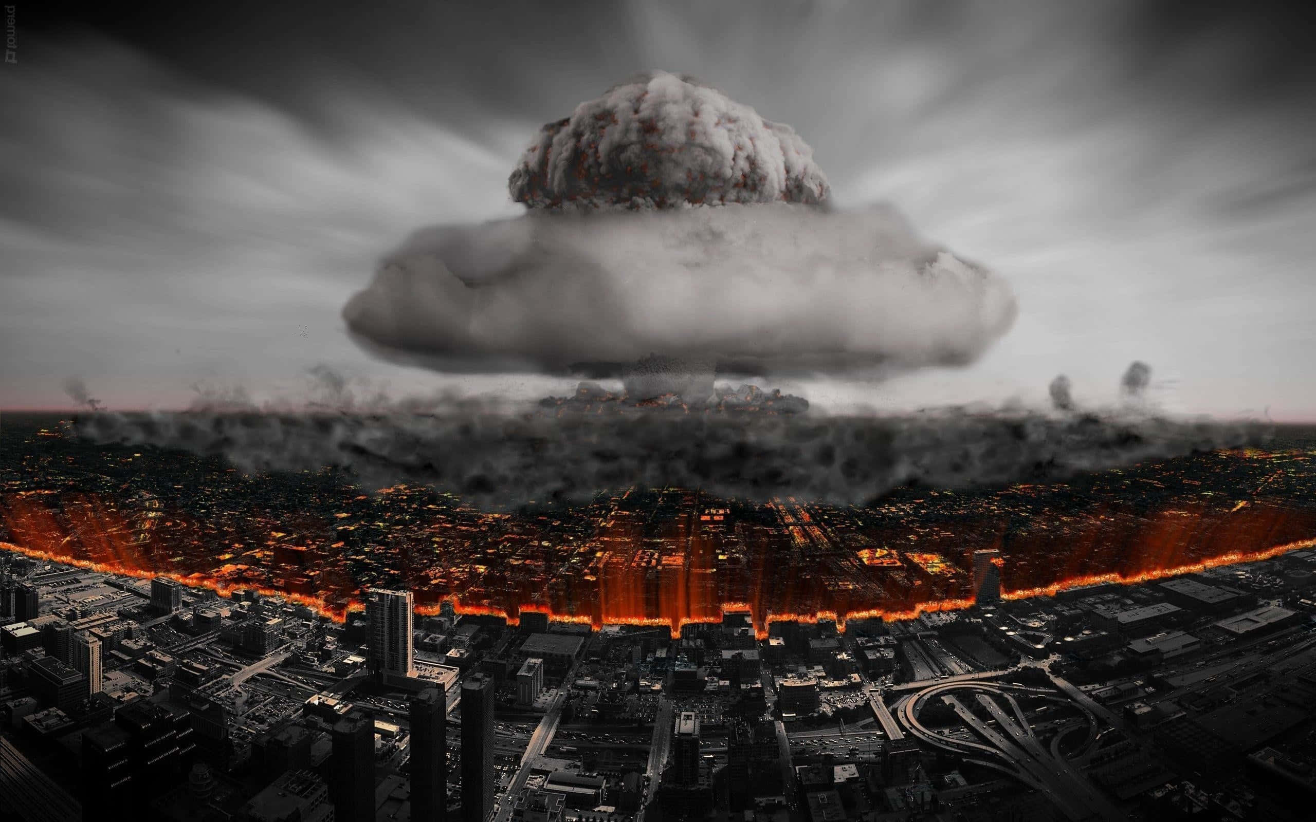 Fallout Nuke 桌布 壁紙 — 巨大的蘑菇雲籠罩著燃燒的城市景觀，熾熱的橙色火焰吞噬著下方的城市網格。