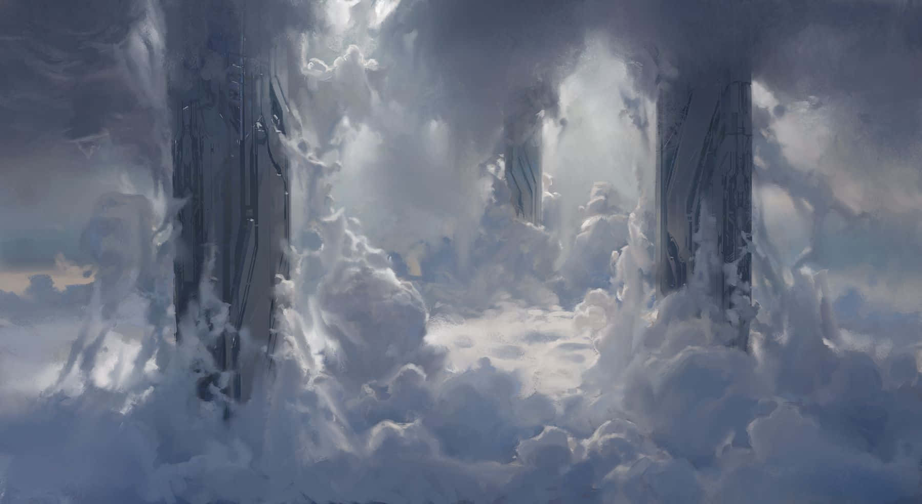 Halo Forerunner 桌布 壁紙 — 巨大的金屬柱穿過旋轉的雲層，帶有戲劇性的燈光和迷霧般的氛圍。