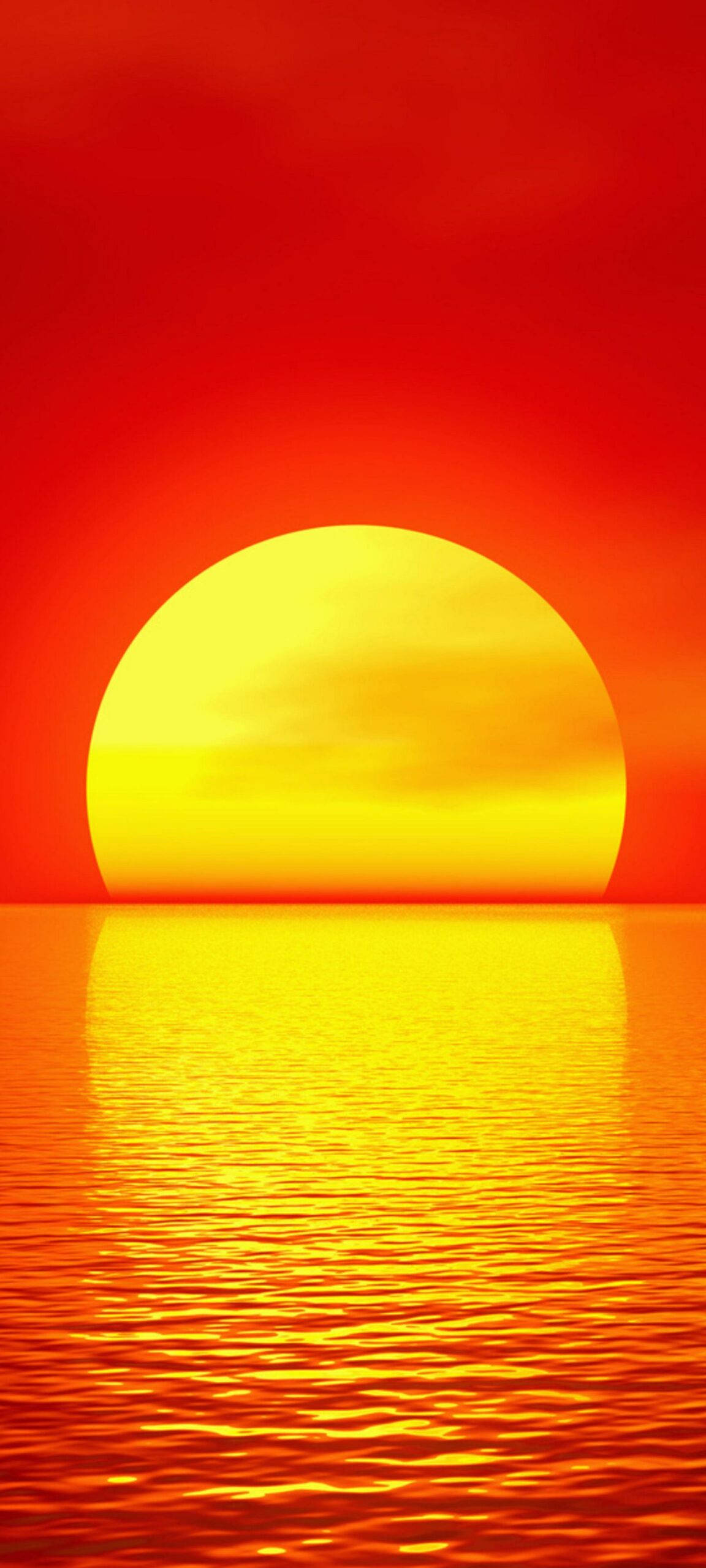 海洋 桌布 壁紙 — 巨大的金色太陽沉入平靜的海洋，在水面上反射出火紅和橙色的色調。