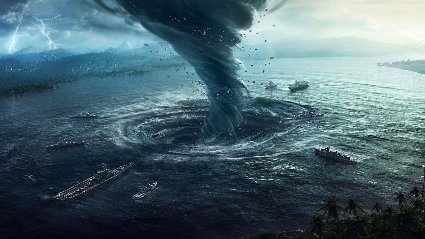 Bermuda Triangle 桌布 壁紙 — 巨大的黑暗龍捲風撕裂暴風雨中的海洋，吞噬軍艦，閃電劃過遠山。