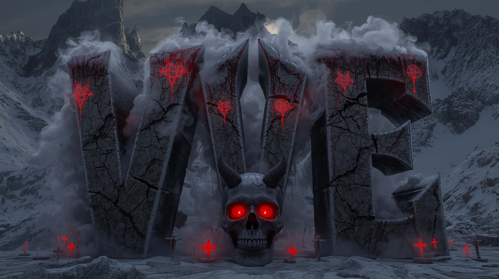Dark Stone Monument with Glowing Red Eyed Skull Wallpaper 壁紙 — 巨大裂開的石頭字母 W E G 聳立在雪地山景中，帶有發光的紅色骷髏和神秘符號。