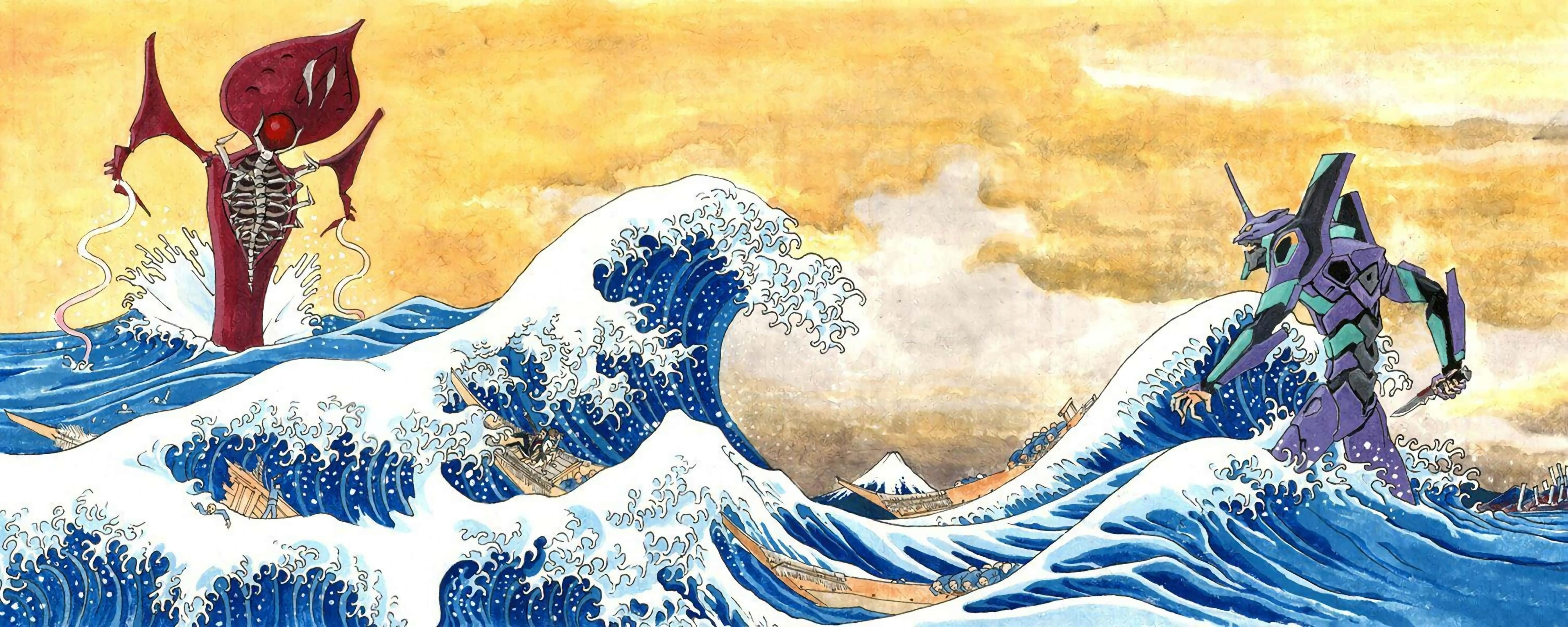 Painting 桌布 壁紙 — 巨浪翻騰，一隻紅色骷髏怪物和紫色機械人在船隻和遠方的富士山中戰鬥。