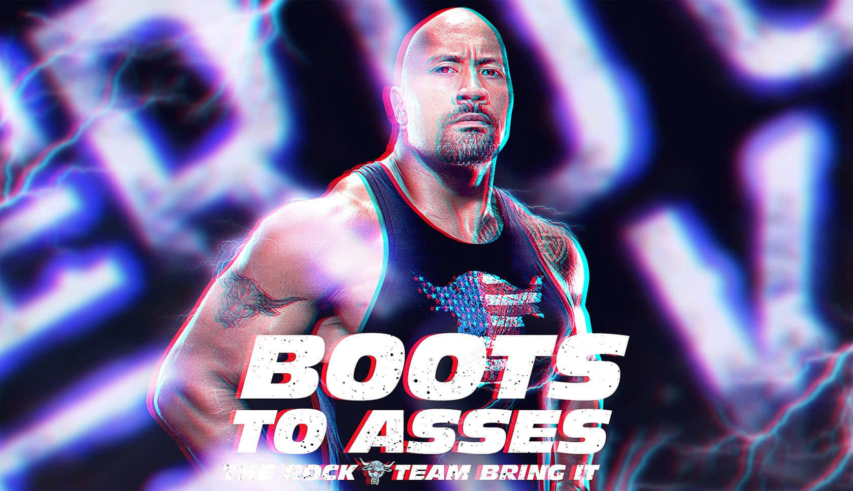 The Rock 桌布 壁紙 — 巨石強森在一個風格化的摔角宣傳片中，帶有電光藍和紫色閃電效果及粗體文字，凝視著鏡頭。