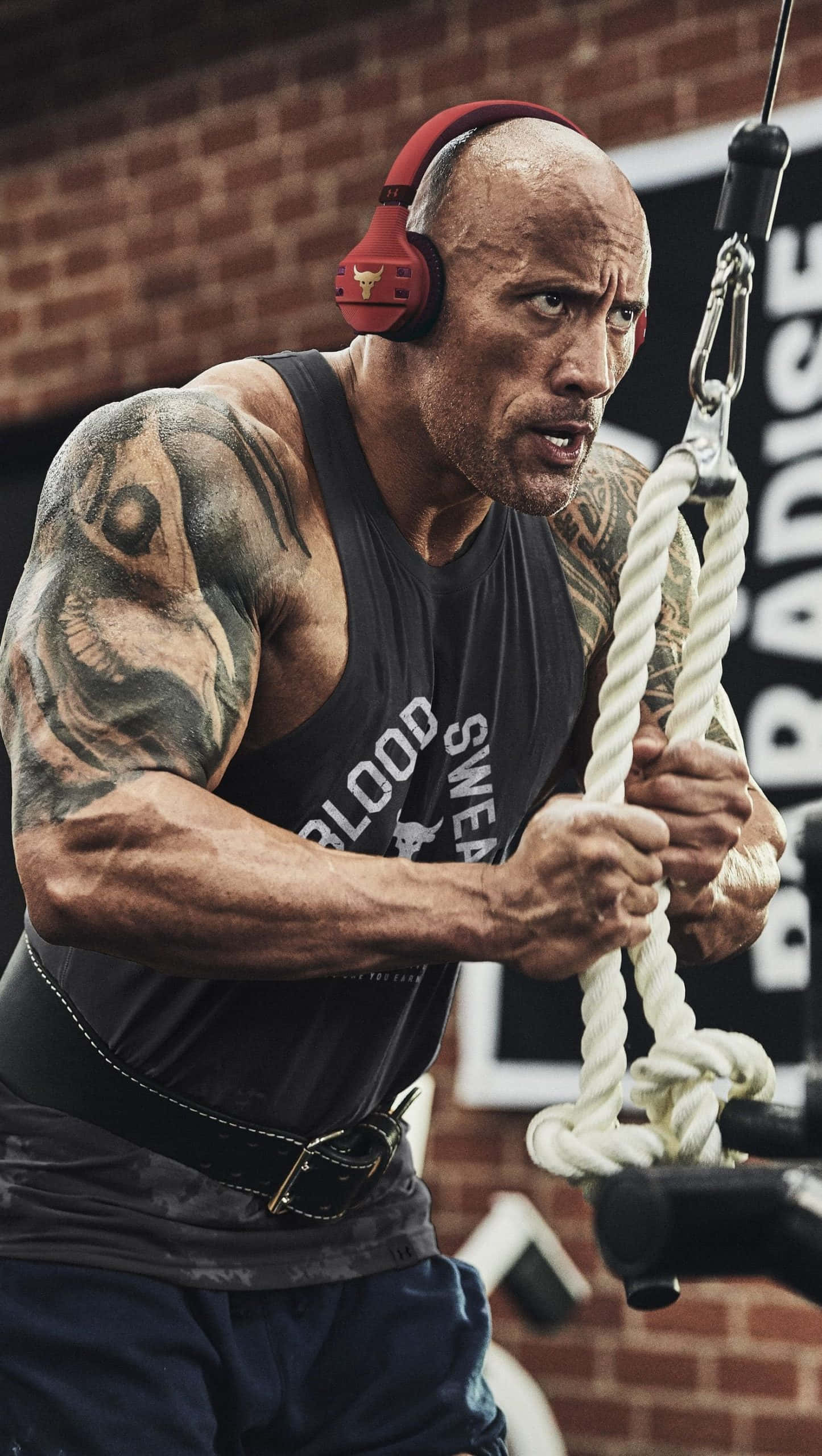 The Rock 桌布 壁紙 — 巨石強森戴著紅色耳機在健身房用力拉繩。