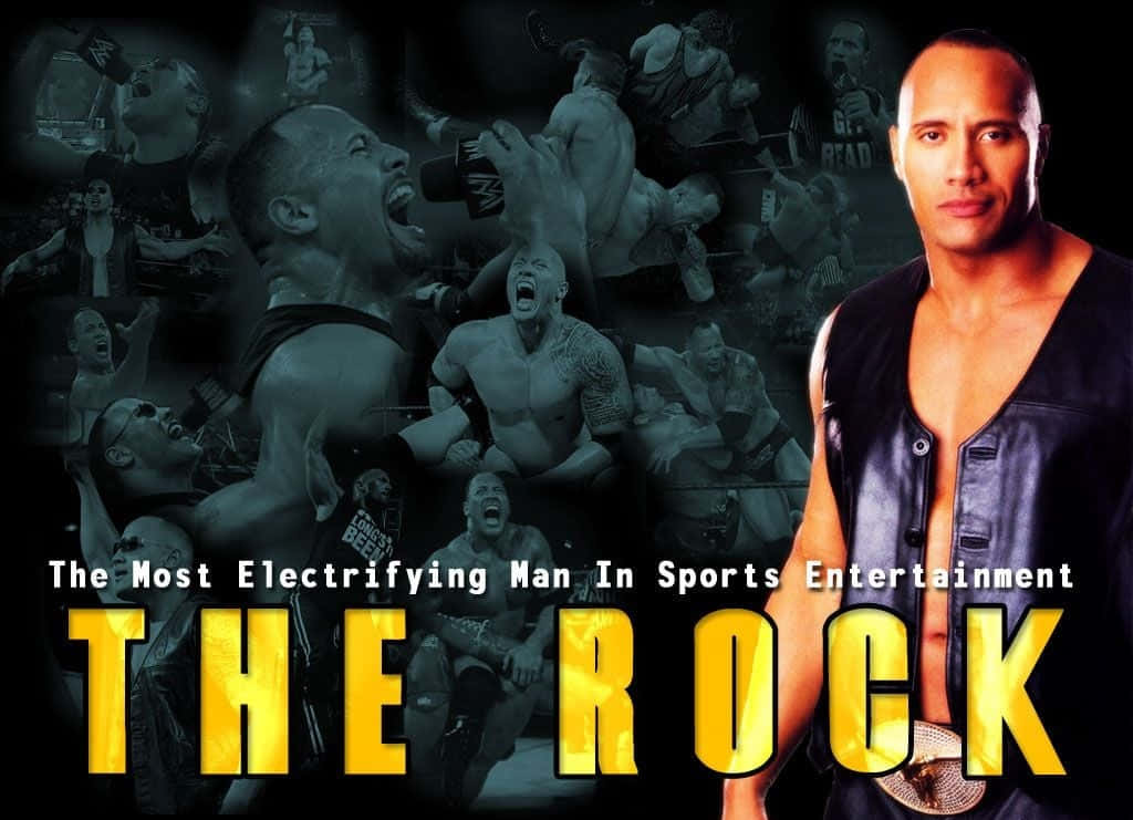 The Rock 桌布 壁紙 — 巨石強森自信地穿著皮背心，站在他的摔角動作照片拼貼畫前，粗體黃色文字宣稱他是「The Most Electrifying Man In Sports Entertainment」。