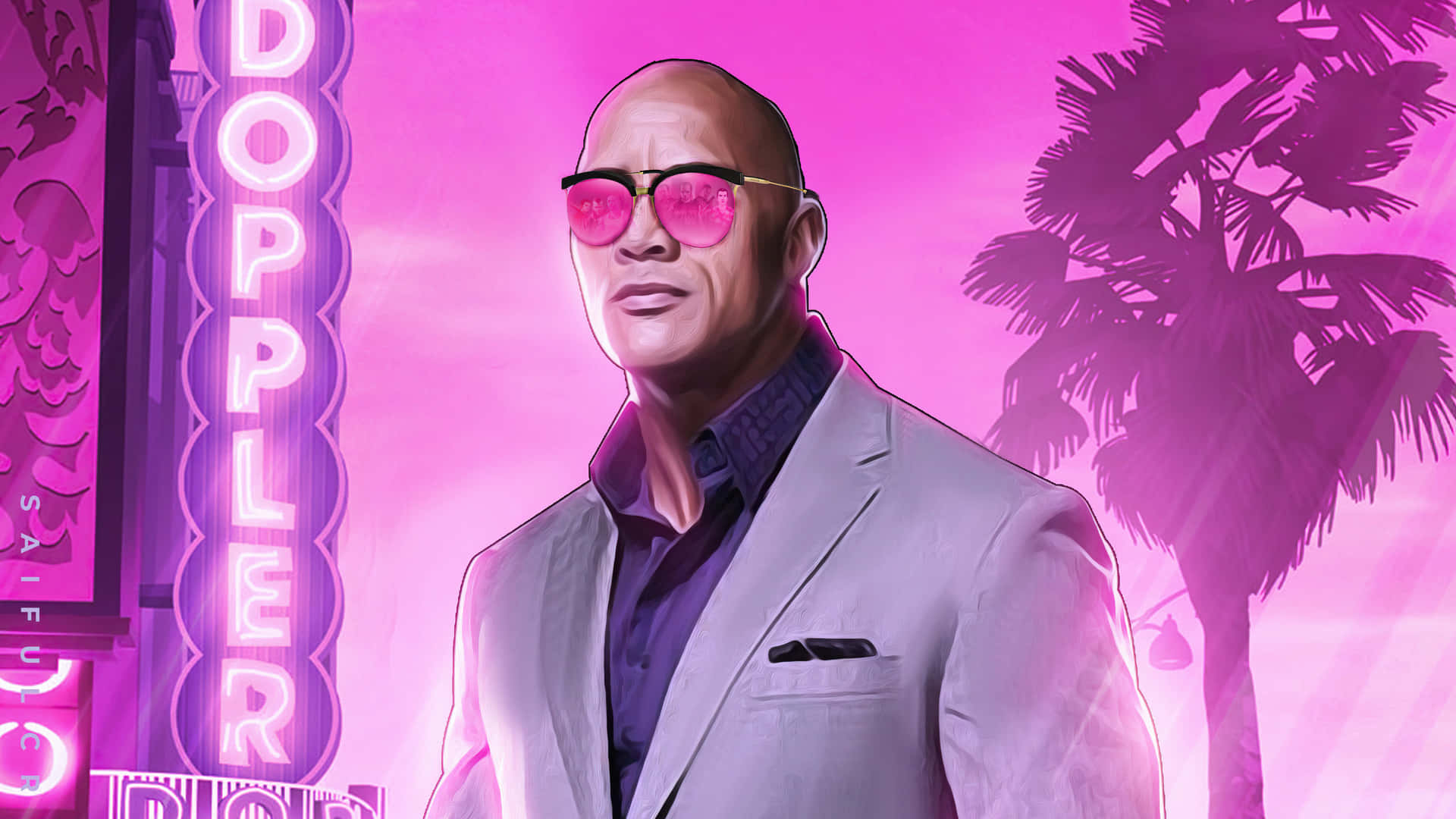 The Rock 桌布 壁紙 — 巨石強森身穿俐落西裝和粉紅色太陽眼鏡，自信地站在霓虹燈照亮、有棕櫚樹和發光招牌的城市背景下。