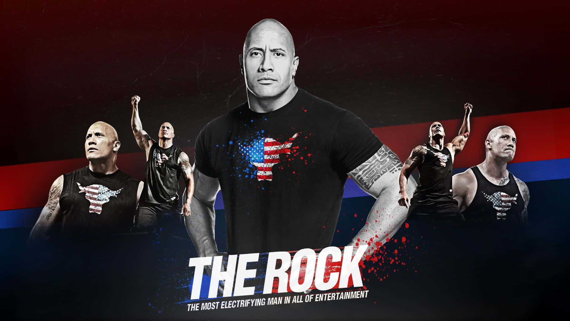 The Rock 桌布 壁紙 — 巨石強森身穿印有美國國旗圖案的黑T恤，強勢站立，周圍是動態動作姿勢，背景為紅、藍、黑色。