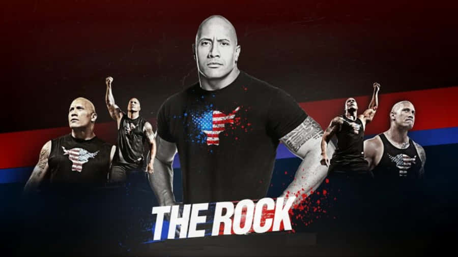 Project Rock 桌布 壁紙 — 巨石強森身穿帶有美國國旗潑濺圖案的黑色T恤，站在舞台中央，被他的肌肉發達的分身圍繞，背景為紅藍漸變色。
