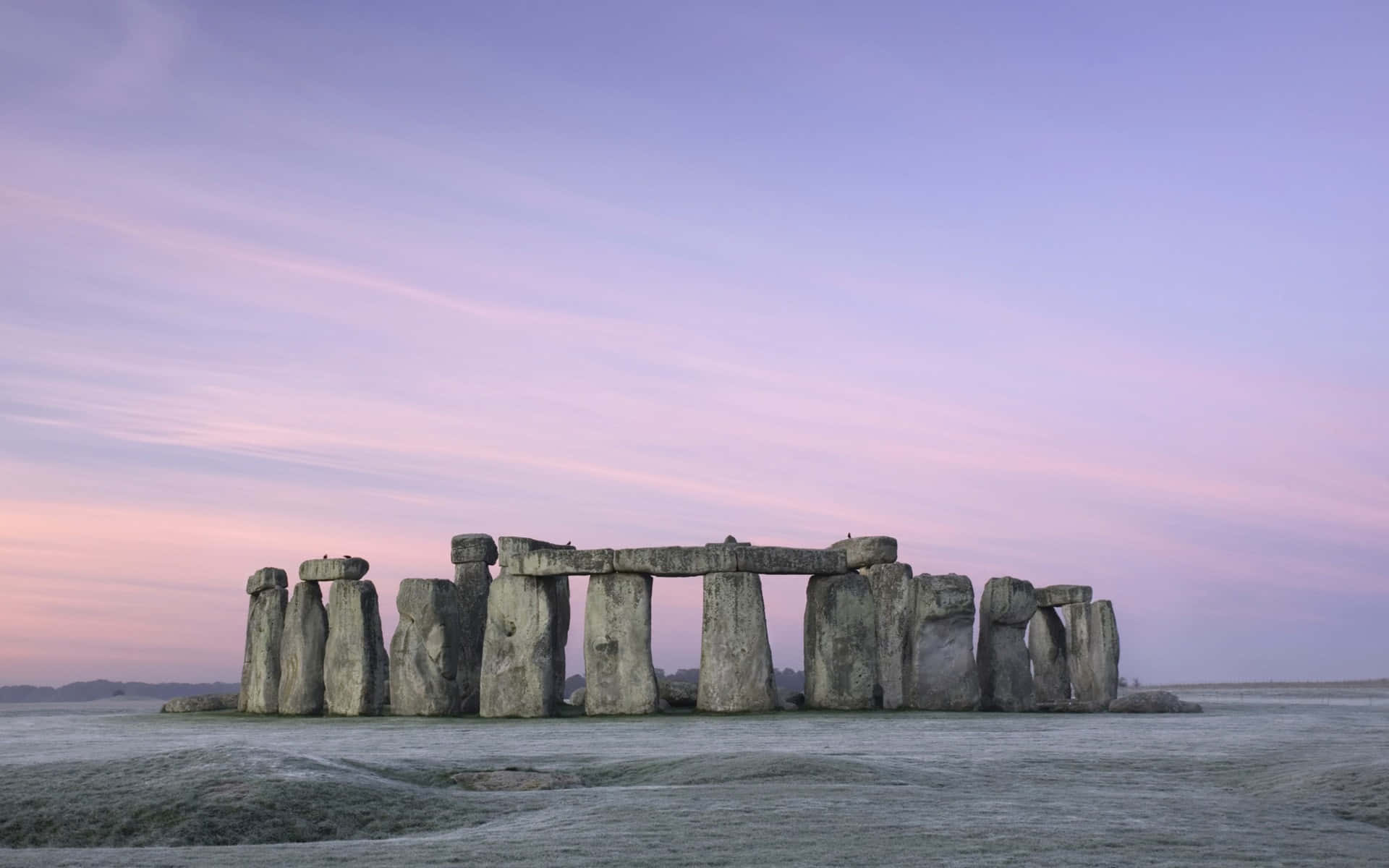 England 桌布 壁紙 — 巨石陣在粉紅和淡紫色的暮色天空下莊嚴地矗立，地面覆蓋著霜。