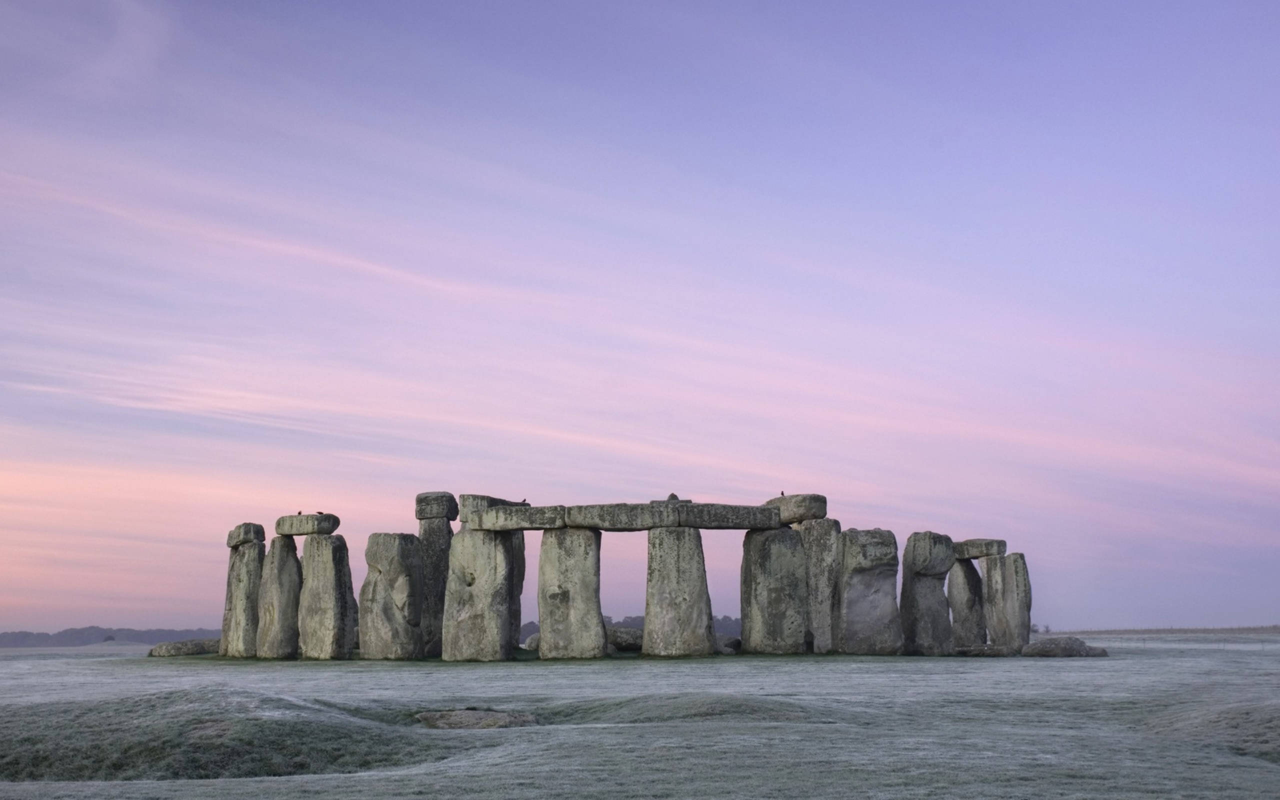 England 桌布 壁紙 — 巨石陣在黎明時分莊嚴矗立，地面覆蓋著霜，上方是柔和的粉紫色天空。