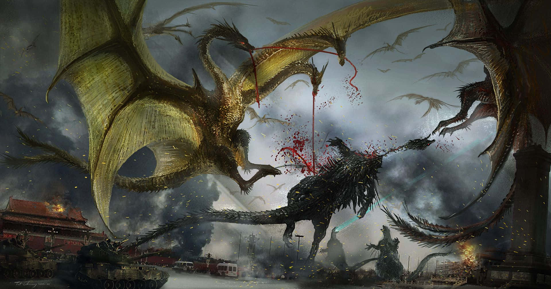Godzilla 2014 桌布 壁紙 — 巨龍在燃燒的城市景觀上空進行激烈的空中戰鬥，下方有坦克和煙霧。