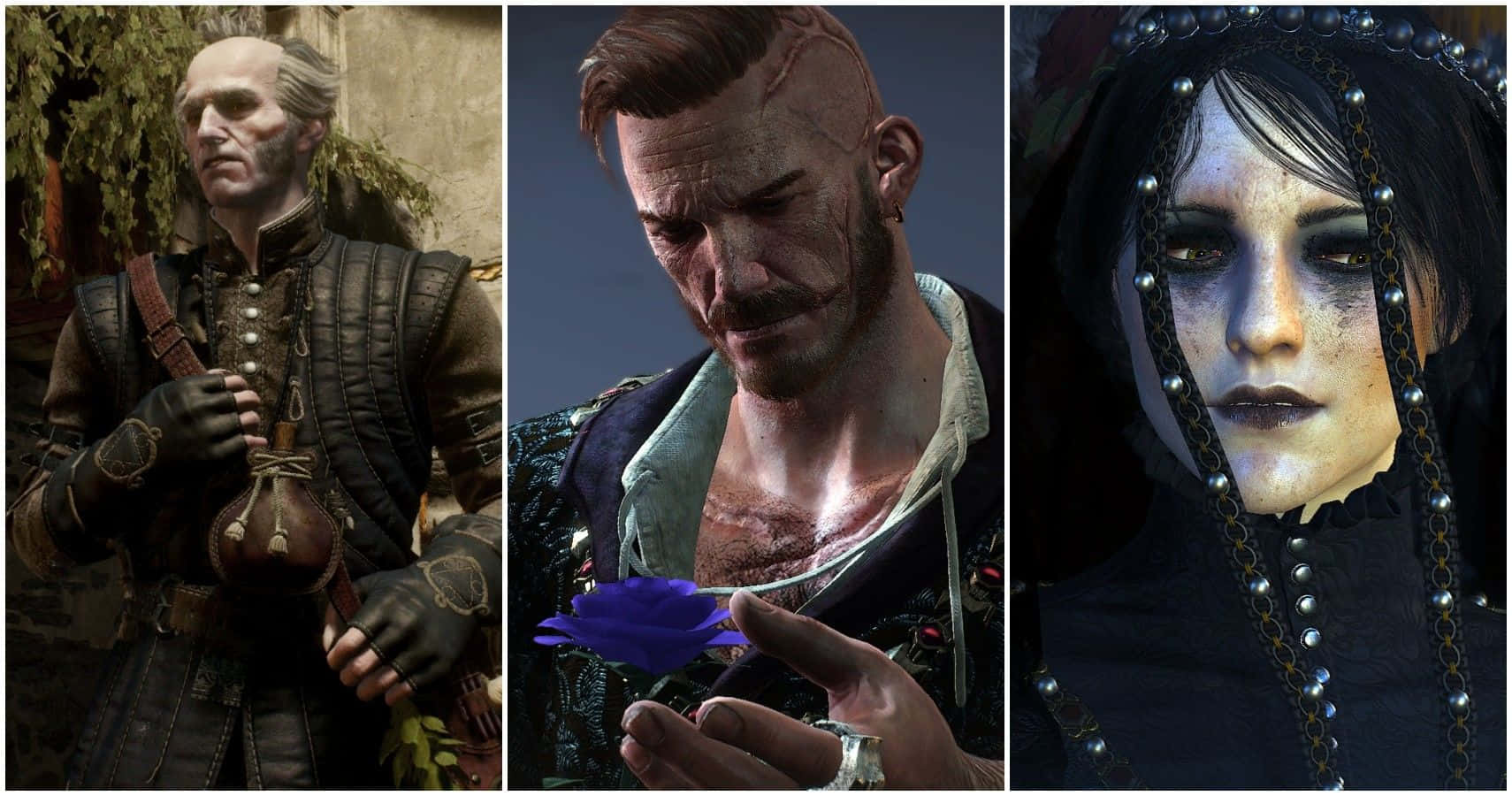 The Witcher Characters 桌布 壁紙 — 《巫師》中三個陰鬱的奇幻角色：一個手持藥水的男人、一個拿著藍色花朵的傷疤戰士，以及一個被黑暗鎖鏈束縛的蒼白女人。
