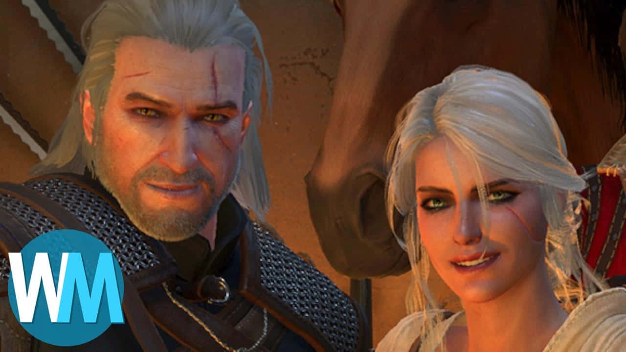 The Witcher Characters 桌布 壁紙 — 《巫師》中傑洛特和希里的特寫，白髮和戰鬥傷痕在溫暖燈光下。