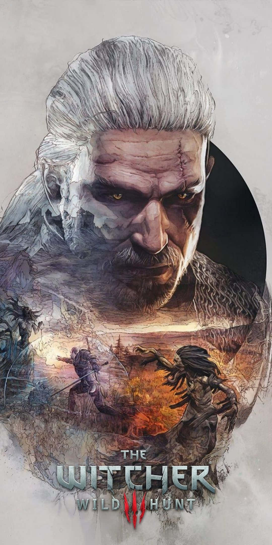Pixel 3 The Witcher 3 桌布 壁紙 — 《巫師3：狂獵》中，利維亞的傑洛特的粗糙數位肖像，戰鬥場景在他嚴峻的目光下盤旋。