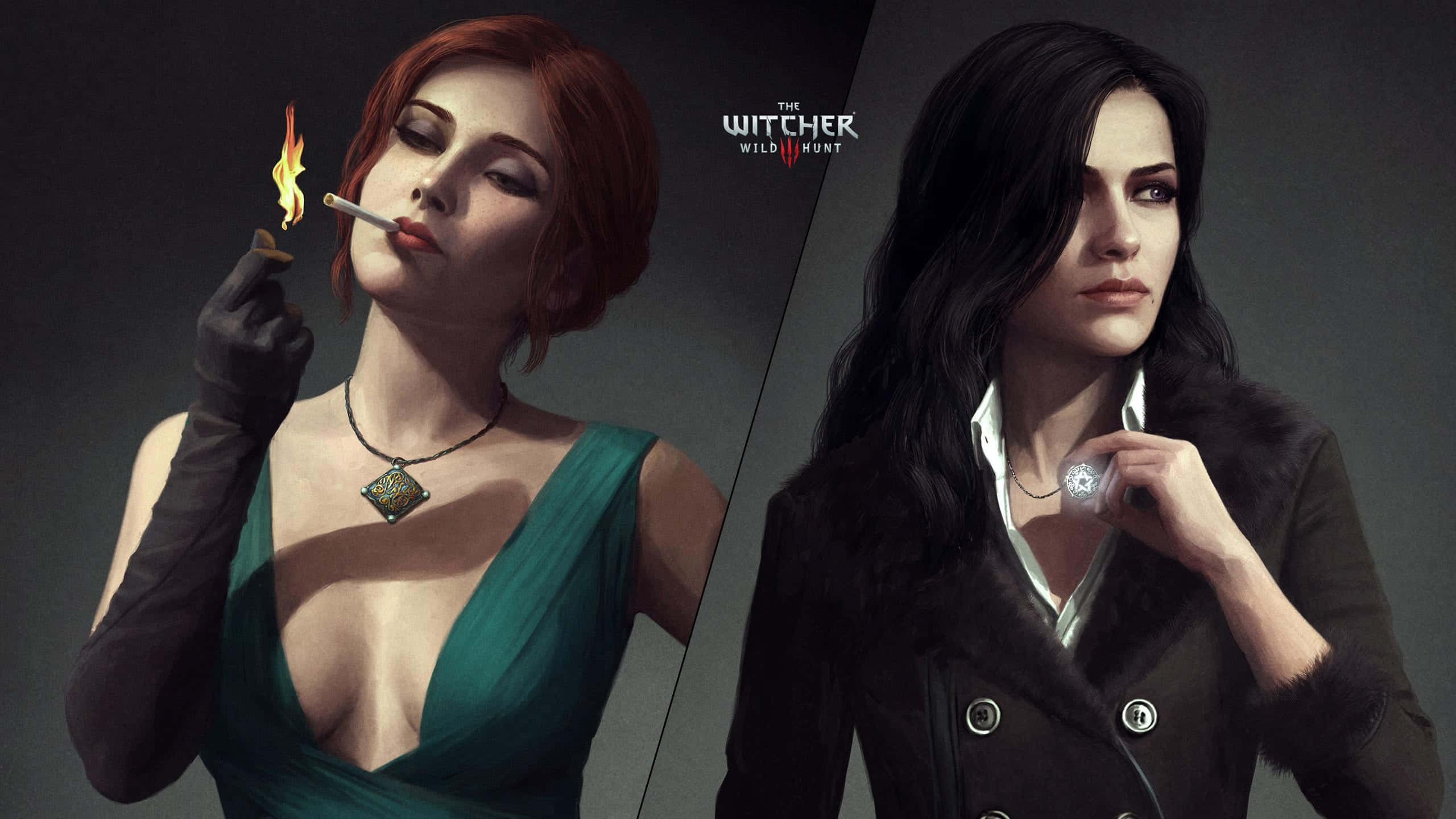 The Witcher 3 Wild Hunt 桌布 壁紙 — 《巫師3》的兩位女性並肩而立，一位抽煙，另一位在深色背景下拿著銀色吊墜。
