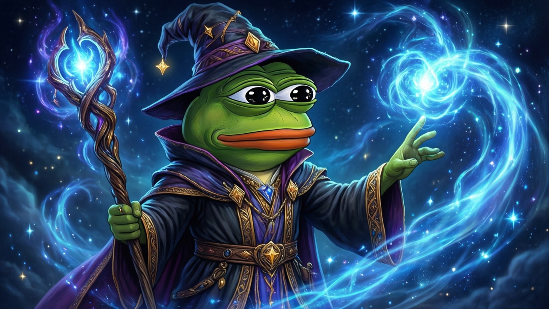 巫師佩佩魔法 壁紙 — 佩佩青蛙打扮成巫師，在星空宇宙中施展發光的藍色魔法。