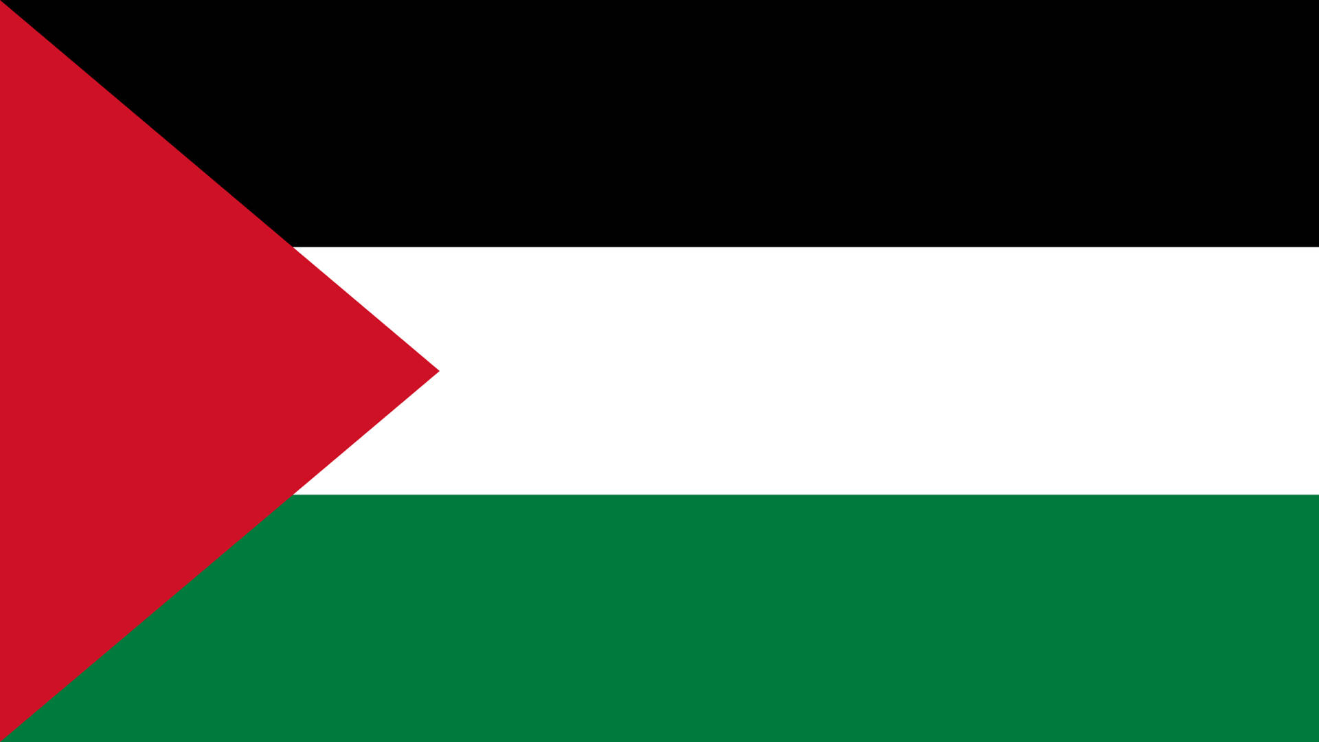 Palestine 桌布 壁紙 — 巴勒斯坦國旗展示大膽的水平黑色、白色和綠色條紋，旗桿側有一個紅色三角形。