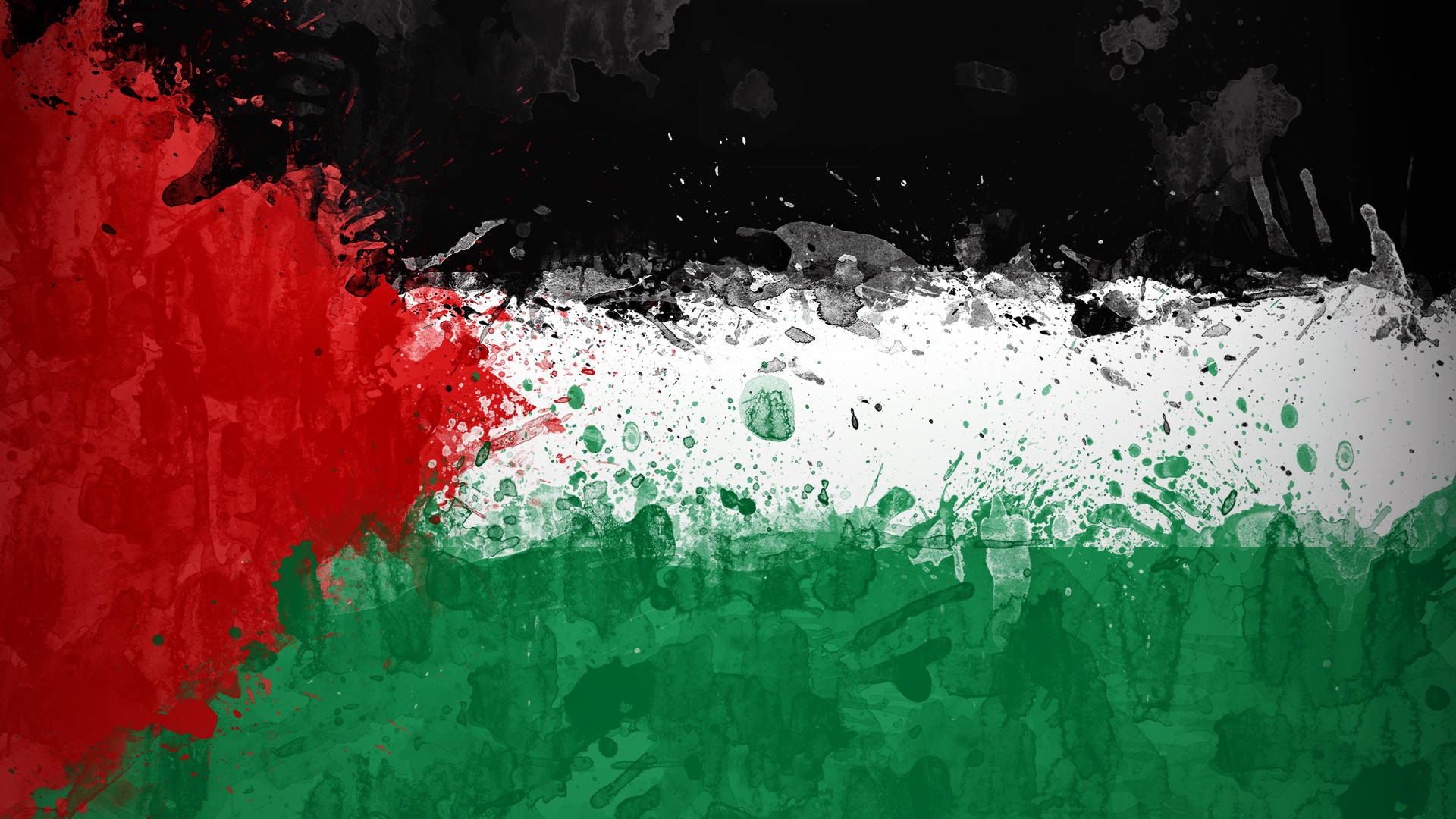 Palestine 桌布 壁紙 — 巴勒斯坦國旗的鮮豔潑濺藝術，大膽的紅、白、綠色條紋在粗糙的黑色背景上。