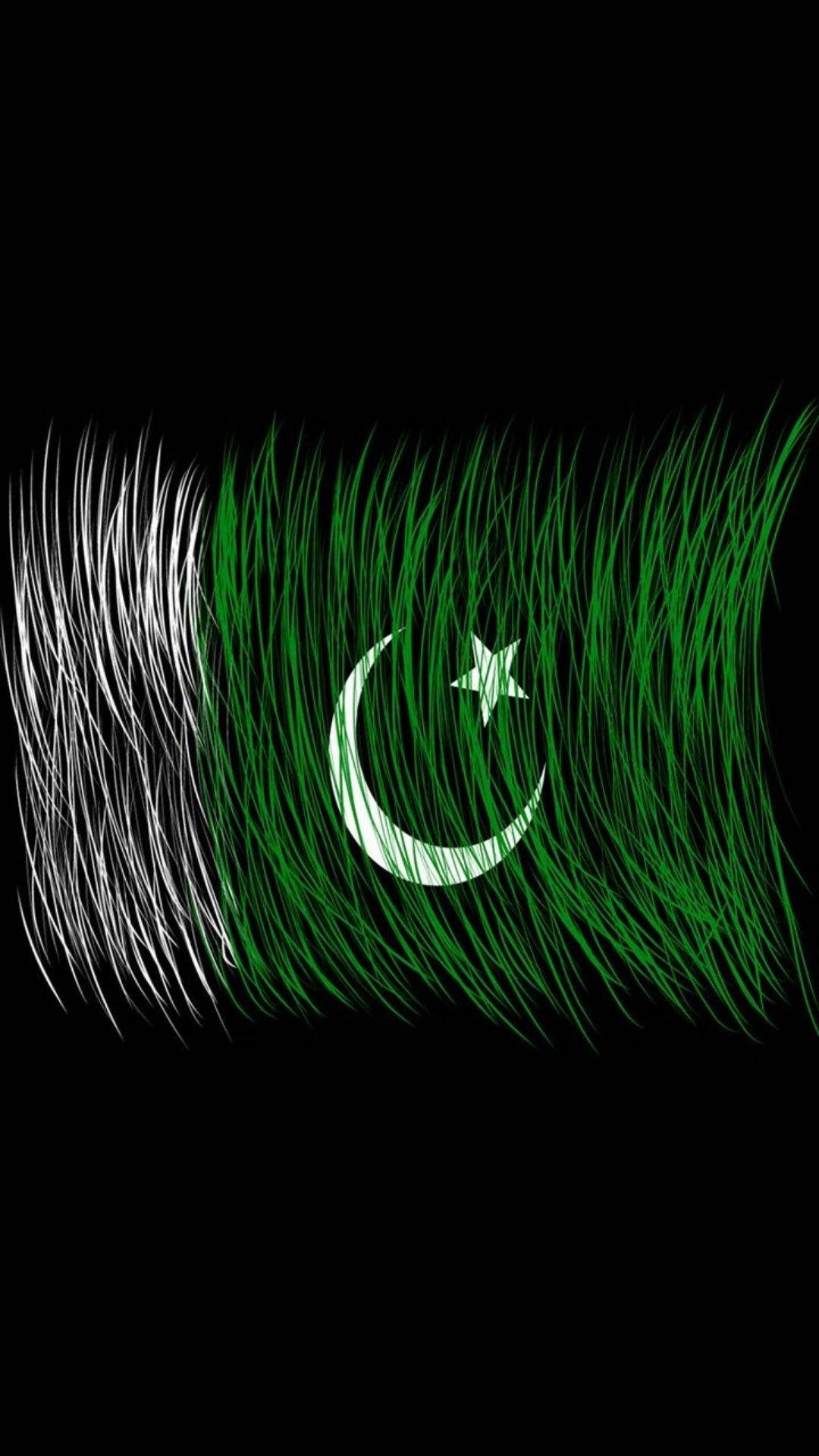 Pakistan 桌布 壁紙 — 巴基斯坦國旗以流動的綠色和白色筆觸在黑色背景上呈現。