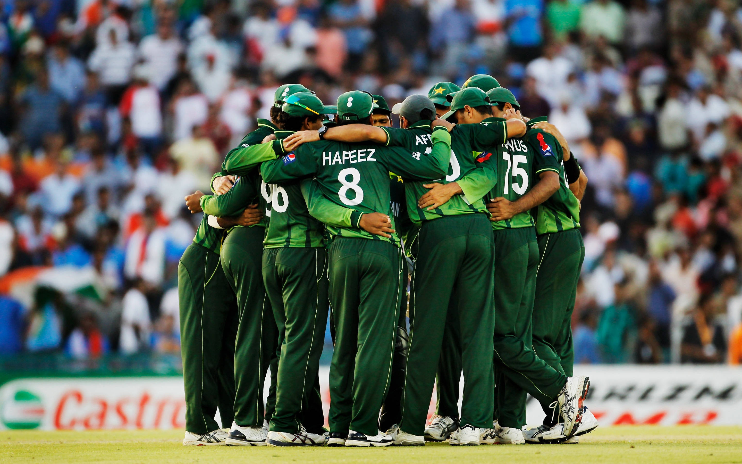 Pakistan Cricket 桌布 壁紙 — 巴基斯坦板球隊身穿綠色制服，在陽光明媚的場地上緊密聚集，背景有模糊的觀眾。
