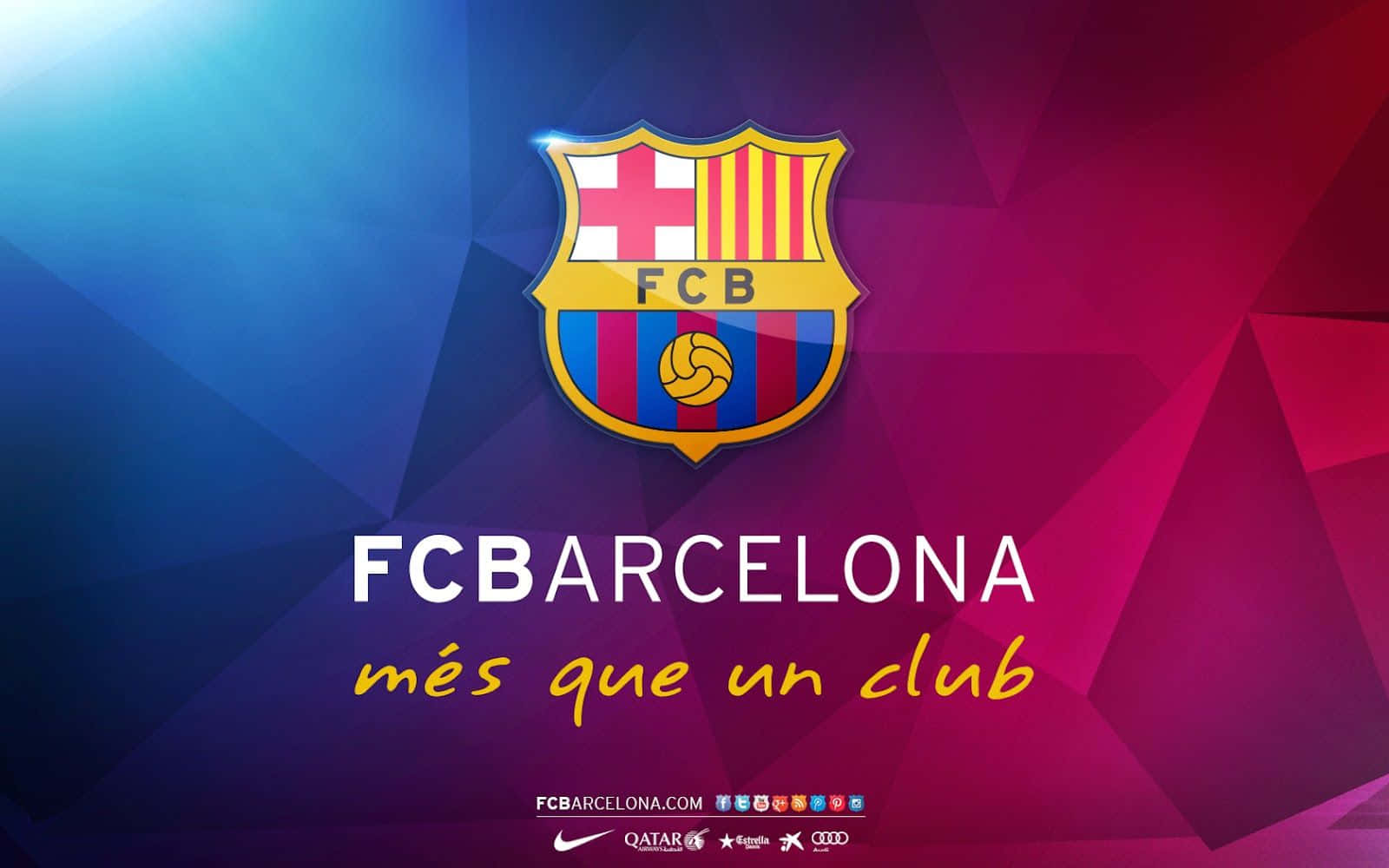 Fc Barcelona Desktop 桌布 壁紙 — 巴塞隆納會徽在鮮豔的藍色到洋紅色幾何漸變背景中央閃耀，下方有球隊口號。
