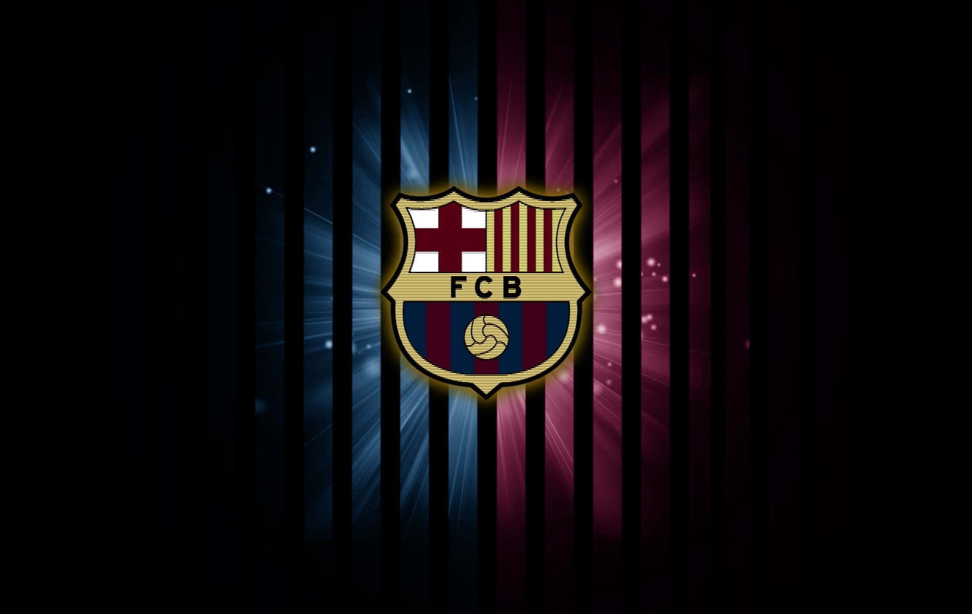 Fc Barcelona Desktop 桌布 壁紙 — 巴塞隆納足球俱樂部徽章在深色條紋背景下散發出耀眼的藍色和栗色光束。