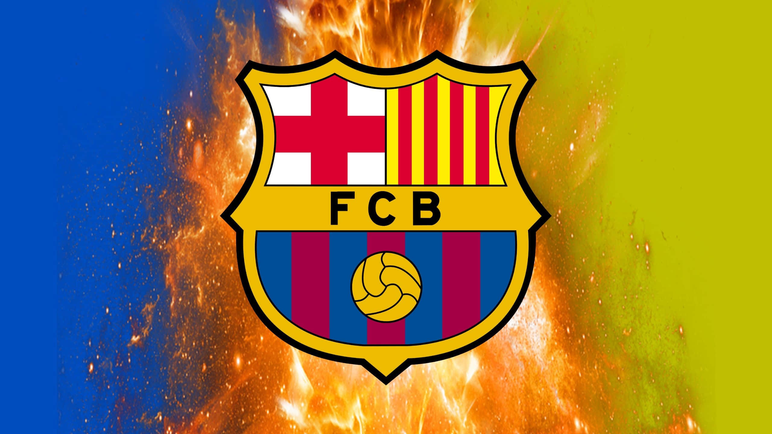 Fc Barcelona Desktop 桌布 壁紙 — 巴塞隆納足球俱樂部徽章在藍黃漸變背景上爆發出熾熱的橙色火焰。