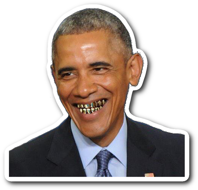 obama 桌布 壁紙 — 巴拉克·歐巴馬在黑色背景上露出金牙咧嘴大笑，帶有白色輪廓。
