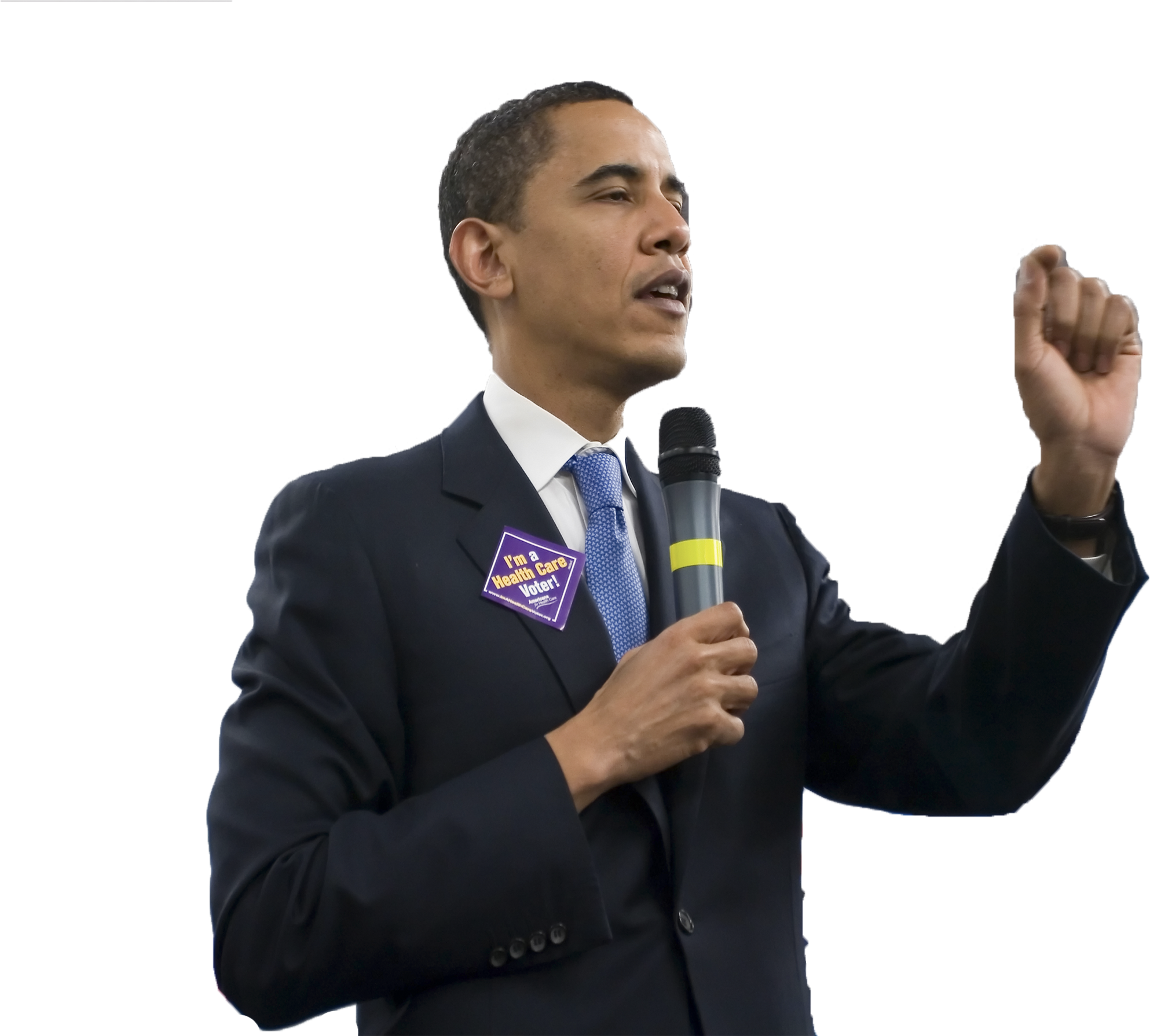 obama 桌布 壁紙 — 巴拉克·歐巴馬戴著「I'm a Health Care Voter」別針，熱情地對著麥克風講話。