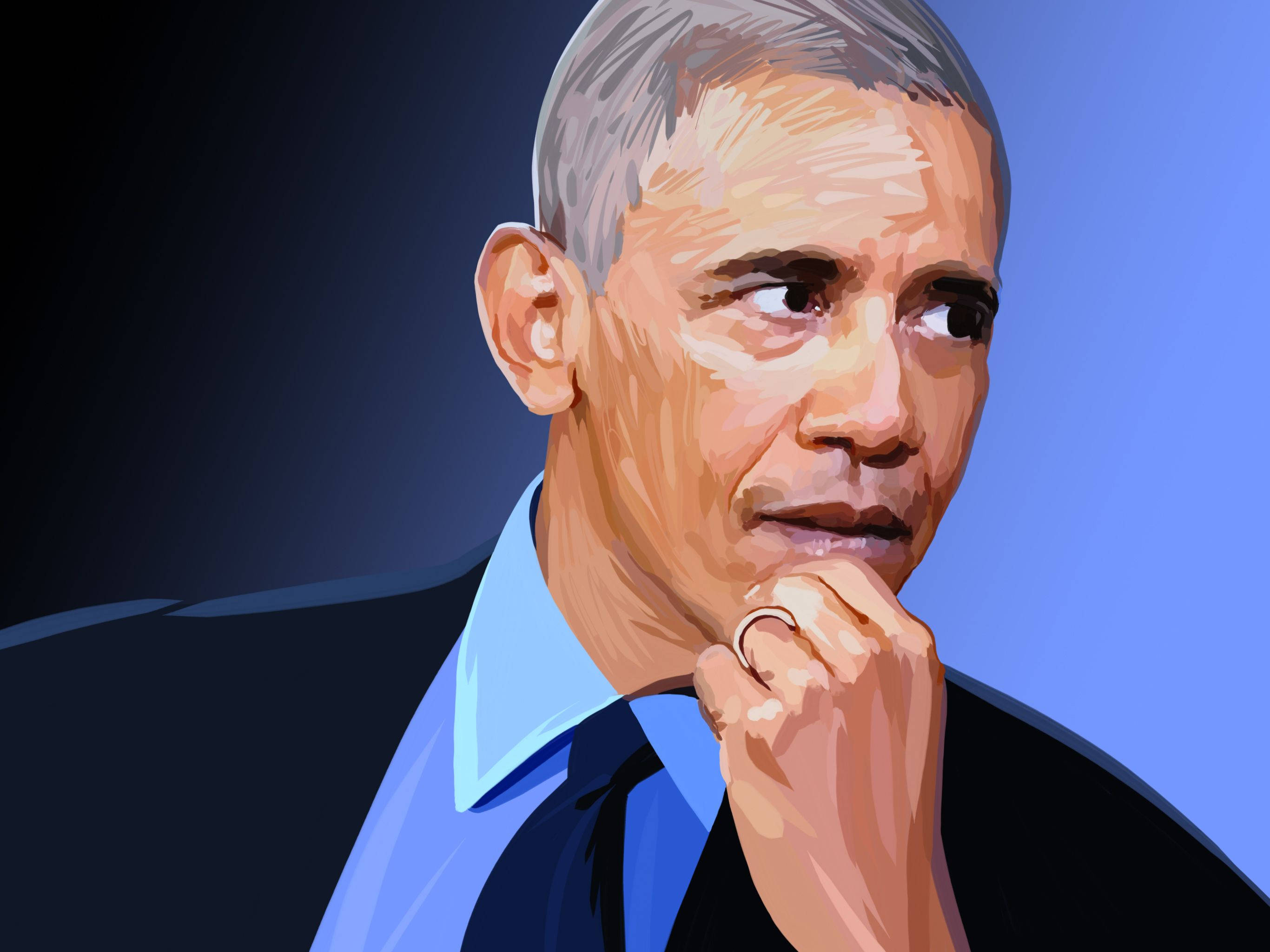 Barack 桌布 壁紙 — 巴拉克·歐巴馬的風格化數位肖像，身穿西裝，手托下巴，背景為藍色漸層。