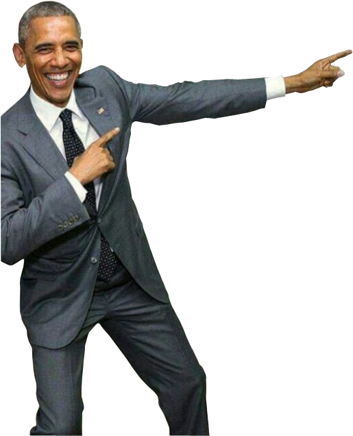 obama 桌布 壁紙 — 巴拉克·歐巴馬身穿灰色西裝，在黑色背景前咧嘴大笑，同時伸出雙食指指向外。