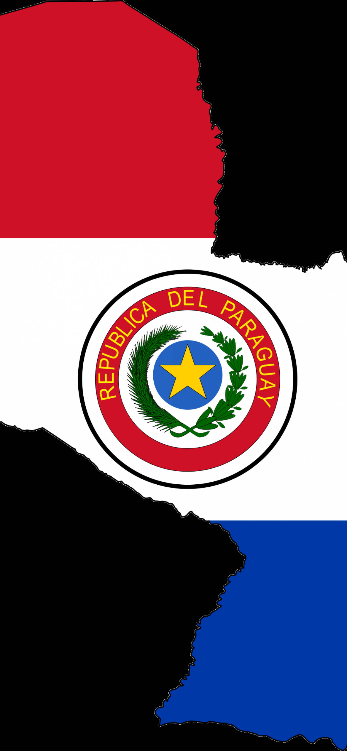 Paraguay 桌布 壁紙 — 巴拉圭國旗，紅白藍條紋，中央有黃星和月桂花環的盾徽。
