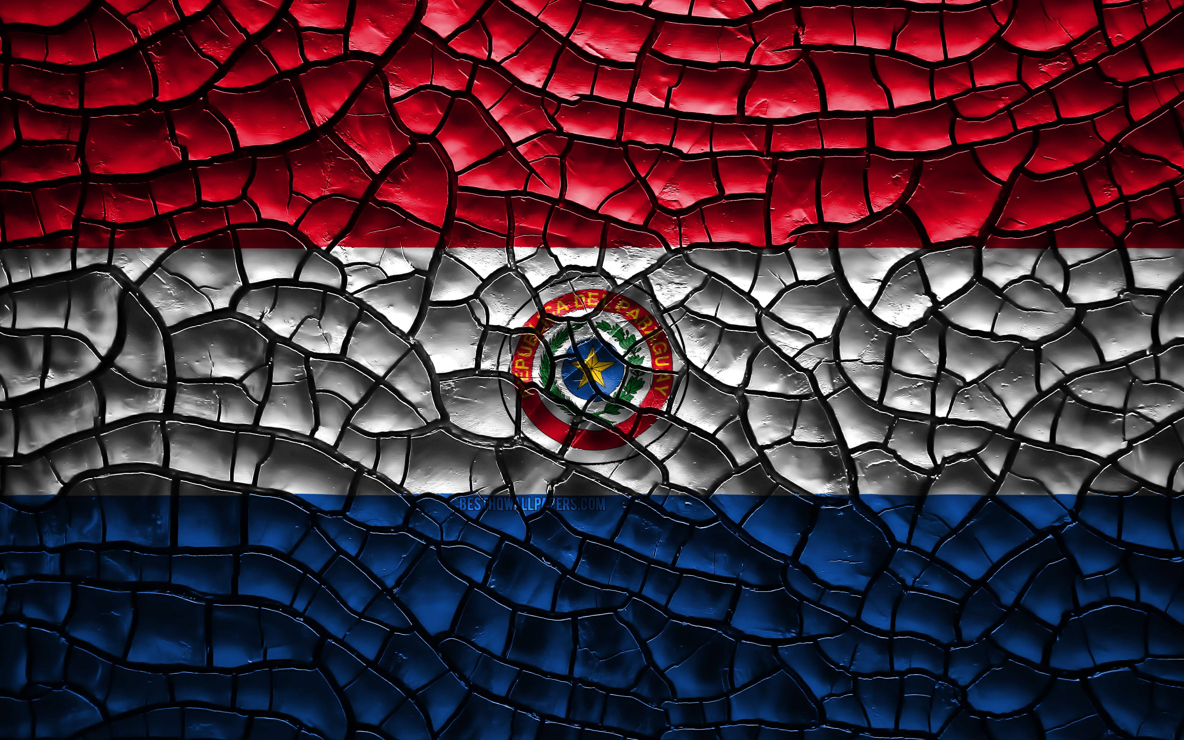 Paraguay 桌布 壁紙 — 巴拉圭國旗以紅、白、藍橫條及中央徽章呈現在裂紋紋理表面上。