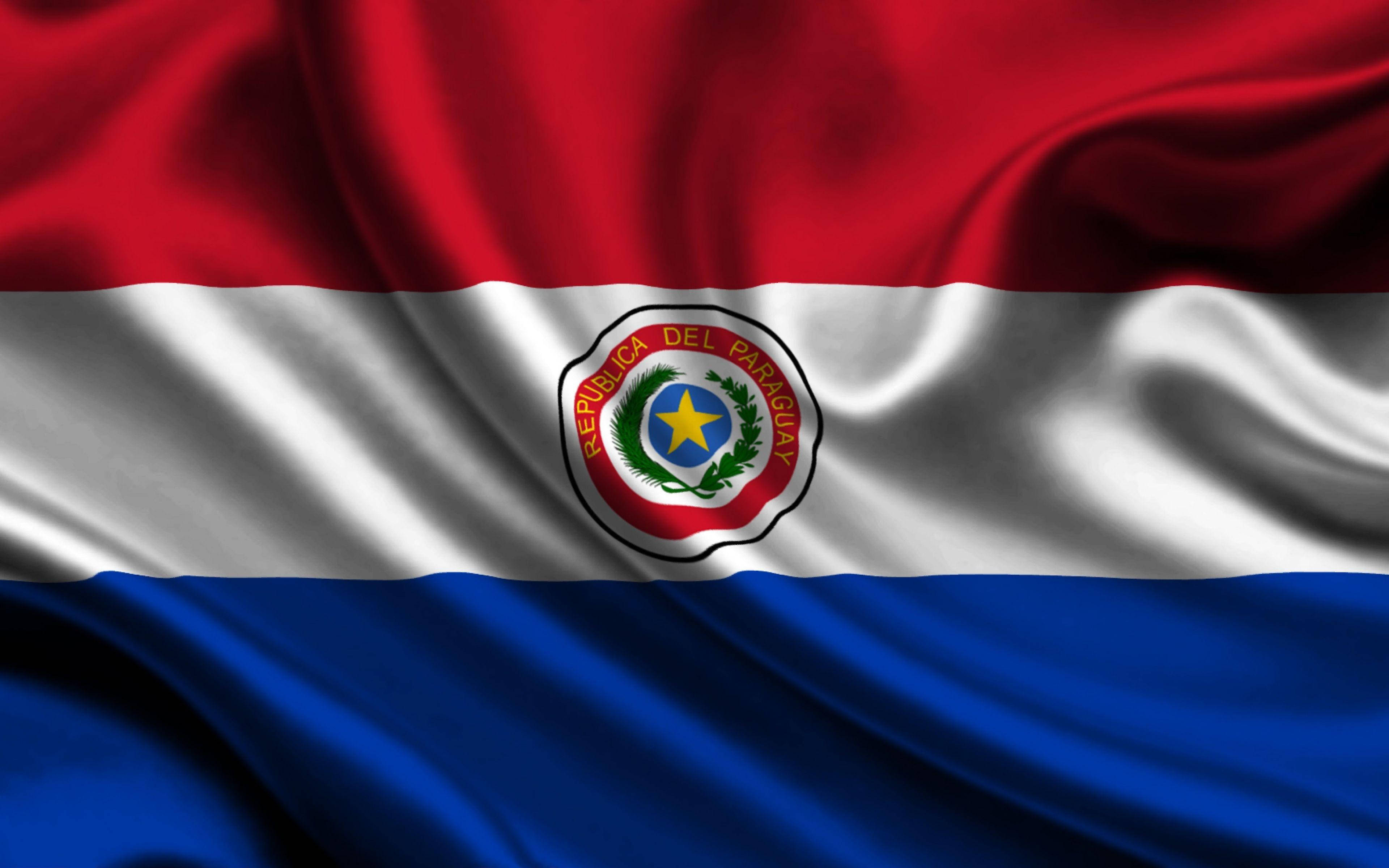 Paraguay 桌布 壁紙 — 巴拉圭國旗動態飄揚，帶有豐富的紅白藍條紋，中央徽章包含一顆星和月桂花環。