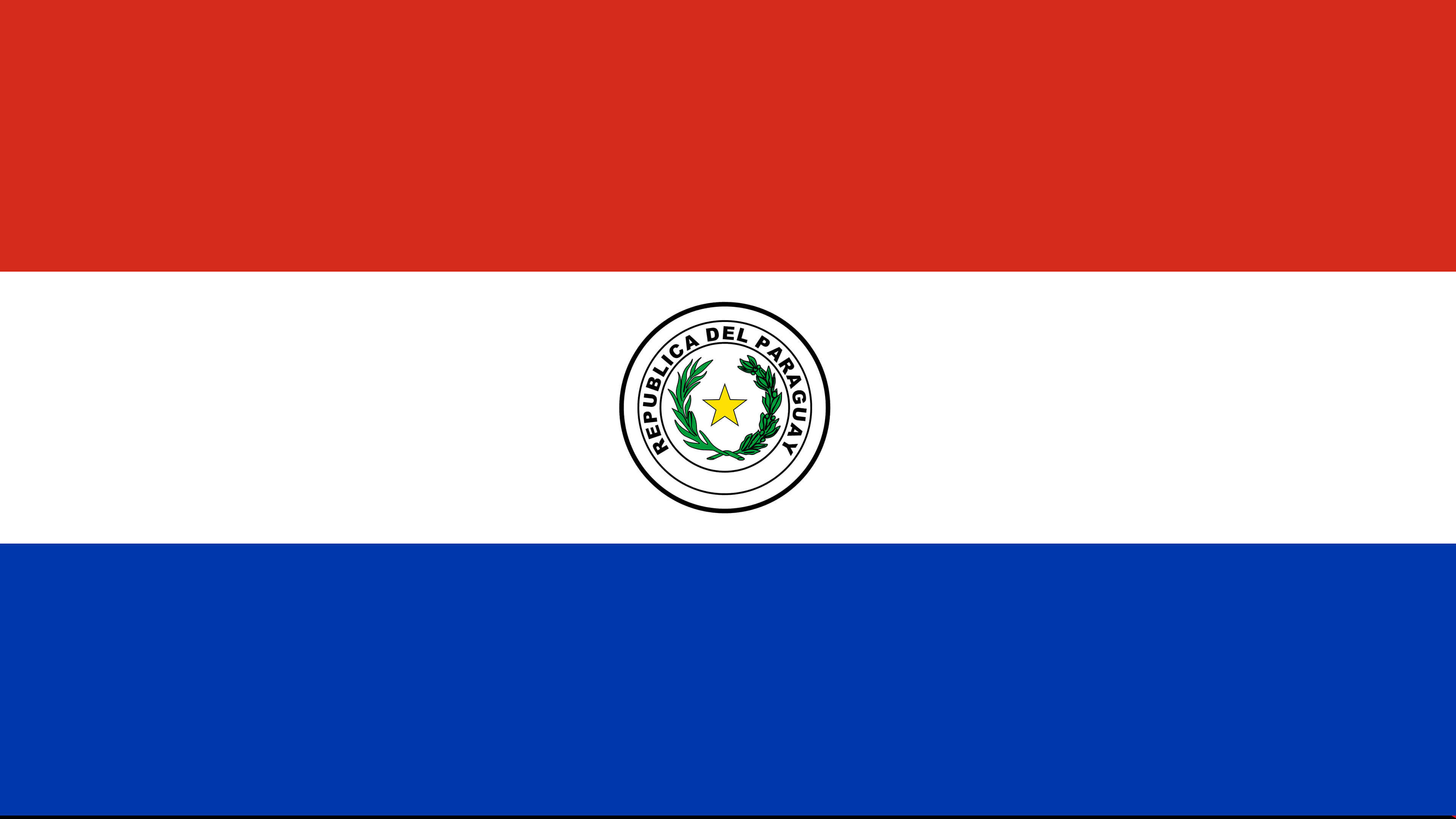 Paraguay 桌布 壁紙 — 巴拉圭國旗由紅、白、藍三色橫條組成，中央有黃色星星被綠色月桂環繞的徽章，並有文字 republica del paraguay。