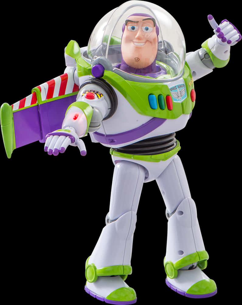 Toy Story Characters 桌布 壁紙 — 巴斯光年動作人偶，身穿標誌性綠色、紫色、白色太空服，在黑色背景前豎起大拇指。