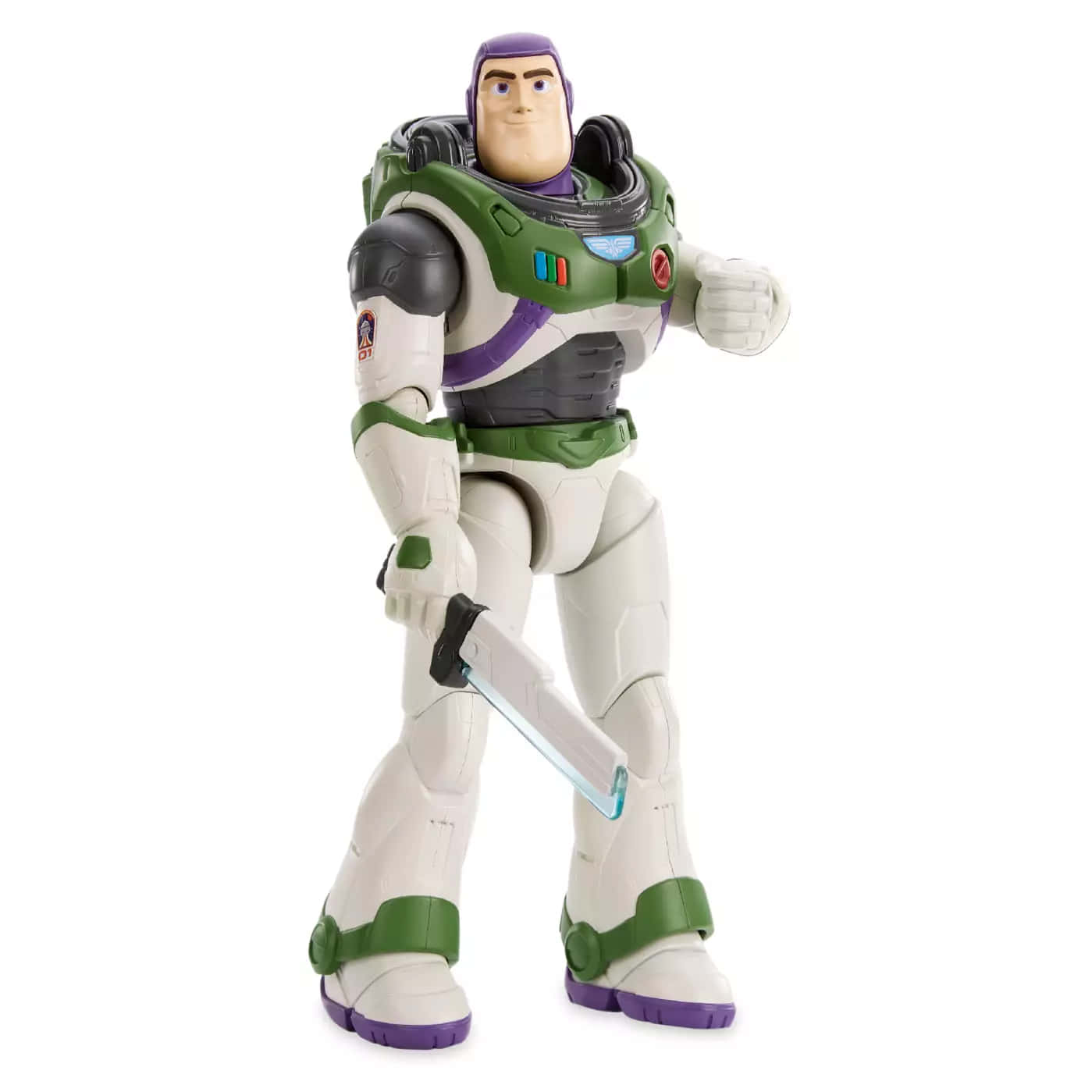 Buzz Lightyear 桌布 壁紙 — 巴斯光年動作人偶，身穿綠色、白色和紫色太空服，在純白色背景前手持發光劍。